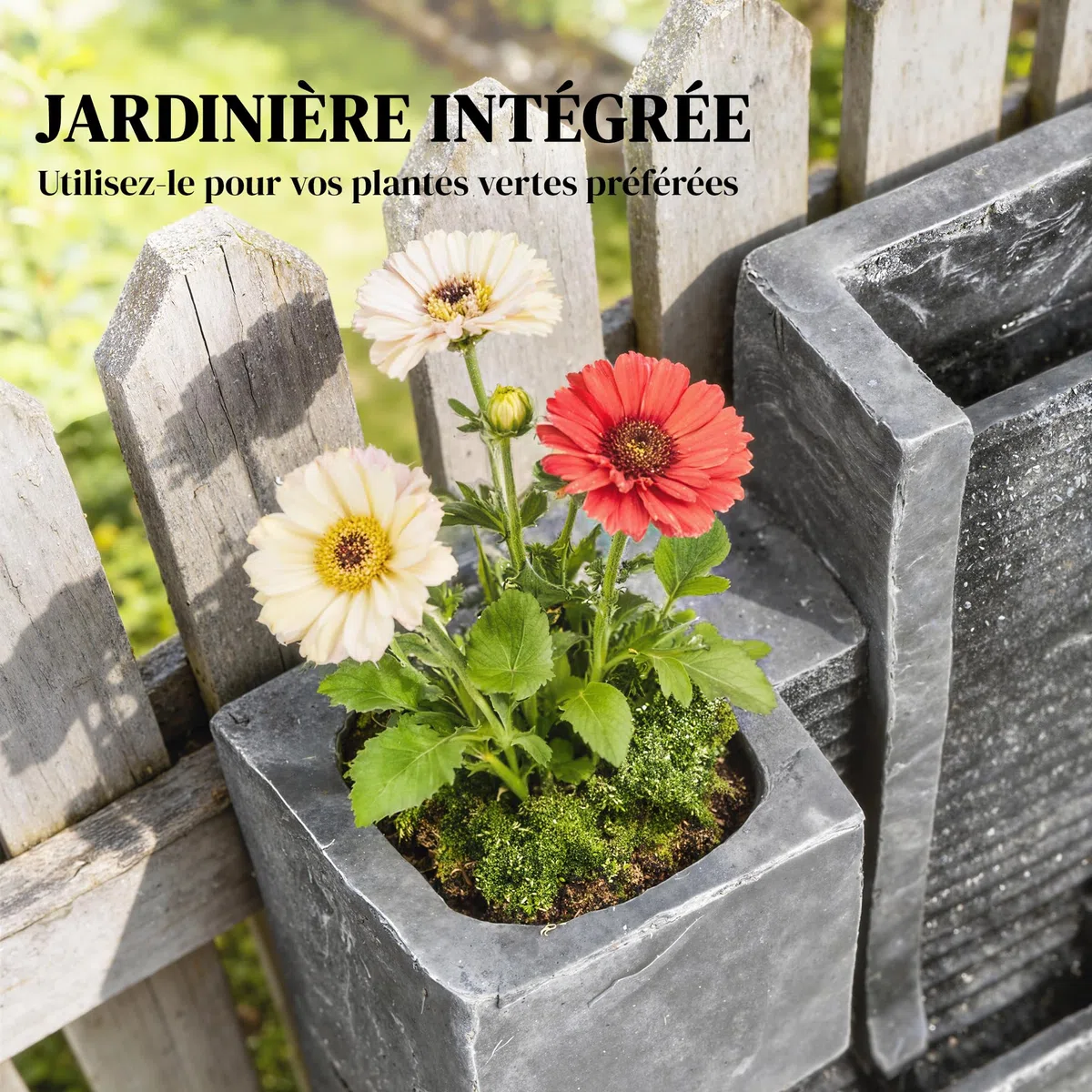 Outsunny Fontaine de Jardin extérieure Cascade 3 Niveaux - Fontaine Eau avec jardinière et Mur d'eau Moderne - 101 cm Grande décoration terrasse Zen Lumineuse 24 LED Gris