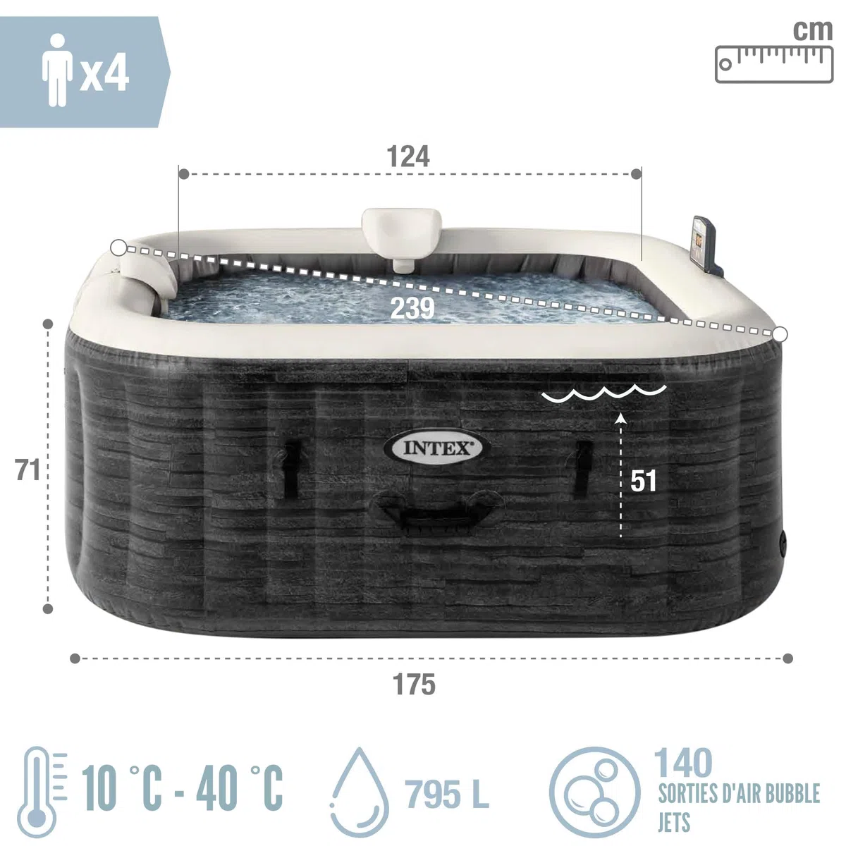 Intex Spa Gonflable carré Greystone Deluxe 4 Personnes, 175 x 175 x 71 cm, Chauffage 2 200 W, Bulles air Chaud, chlorateur salin, épurateur avec Filtre S2 (1 741 l/h), Accessoires Inclus (55093)