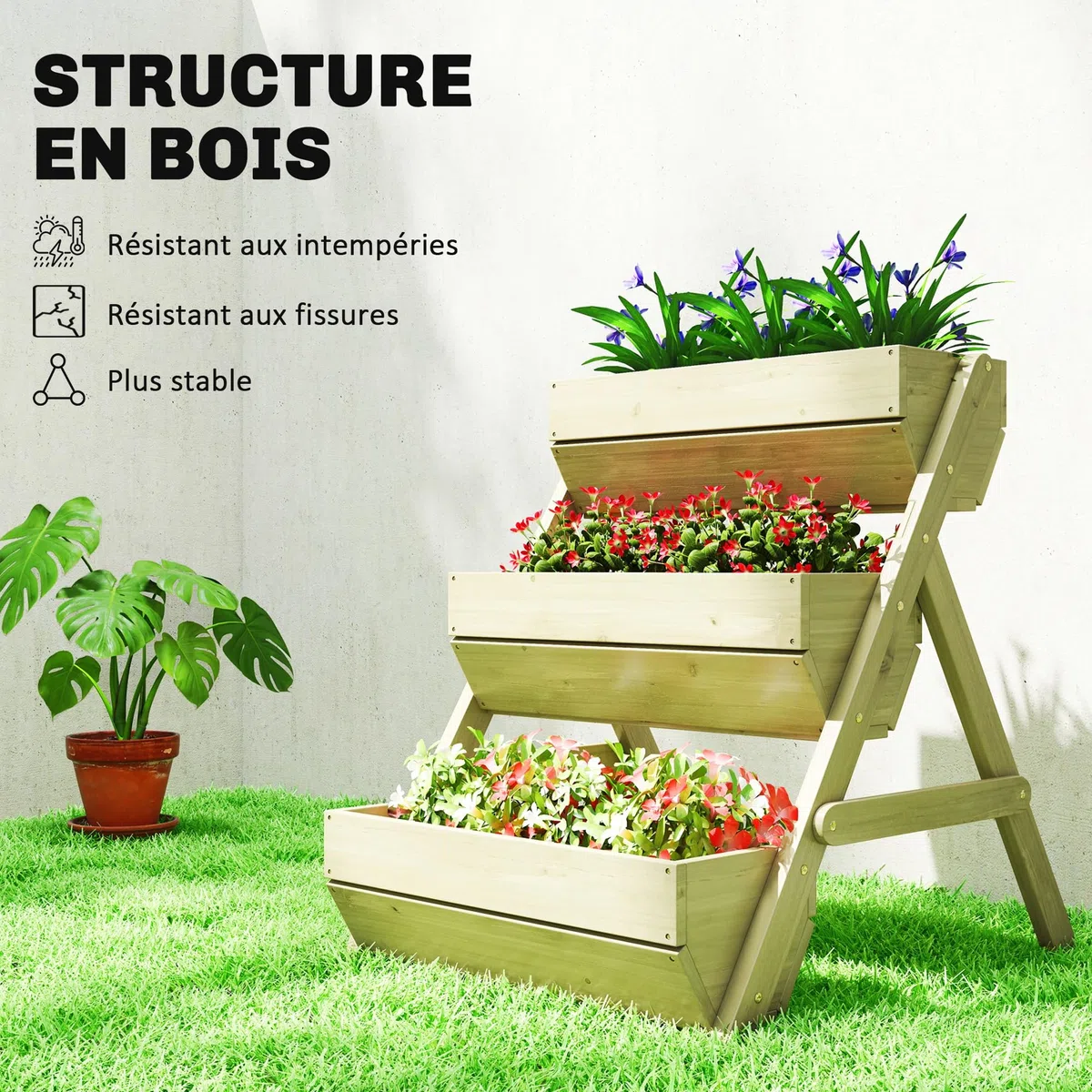 Outsunny Jardinière Surélevée en Bois avec 3 Étages 65 x 75 x 76 cm Vert | Bac à Fleurs, Étagère en Escalier pour Plantes, Trous de Drainage, pour Terrasse Balcon Jardin, Herbes Aromatiques