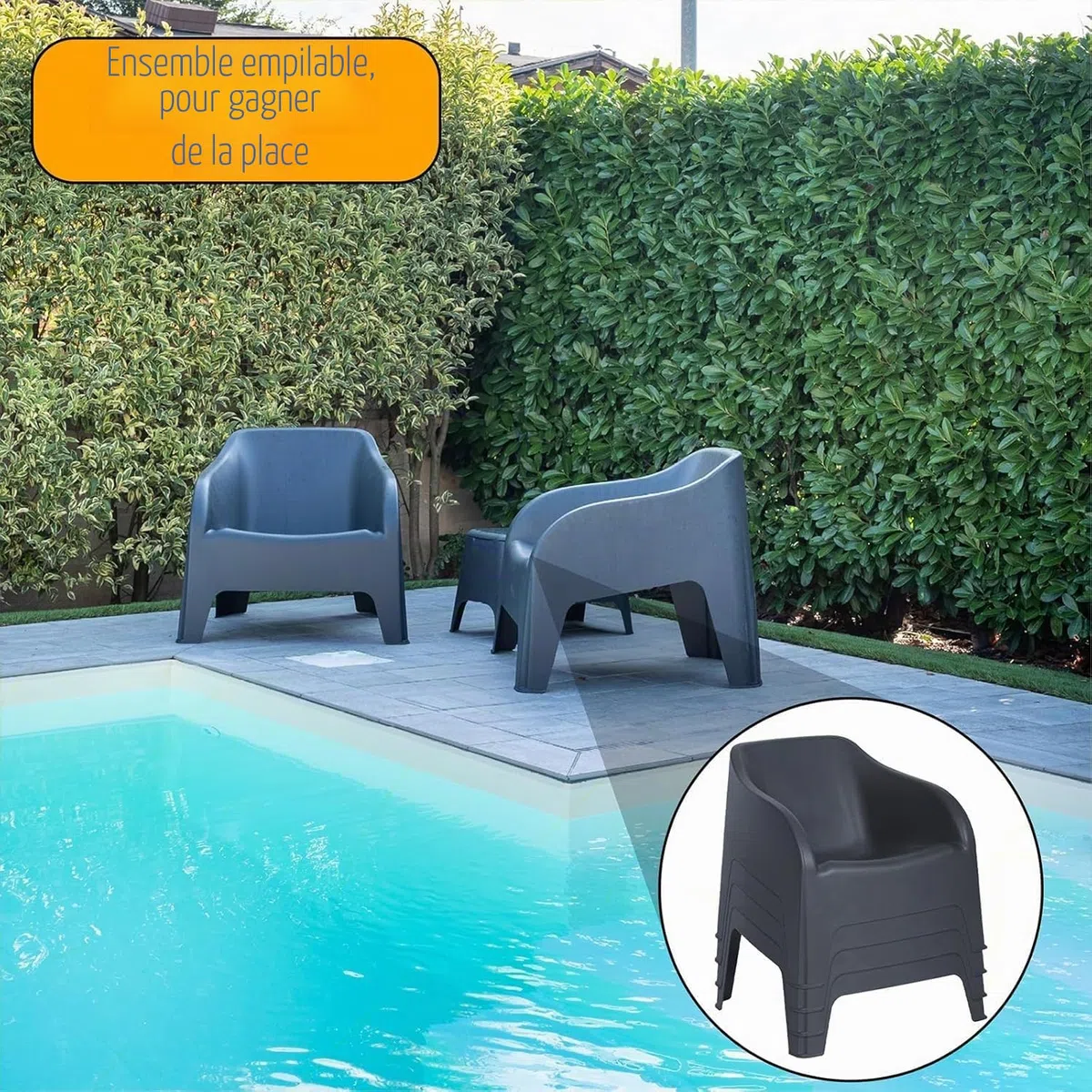 Decor Space Fauteuil Tokyo en polypropylène empilable pour terrasses et jardins (Noir)