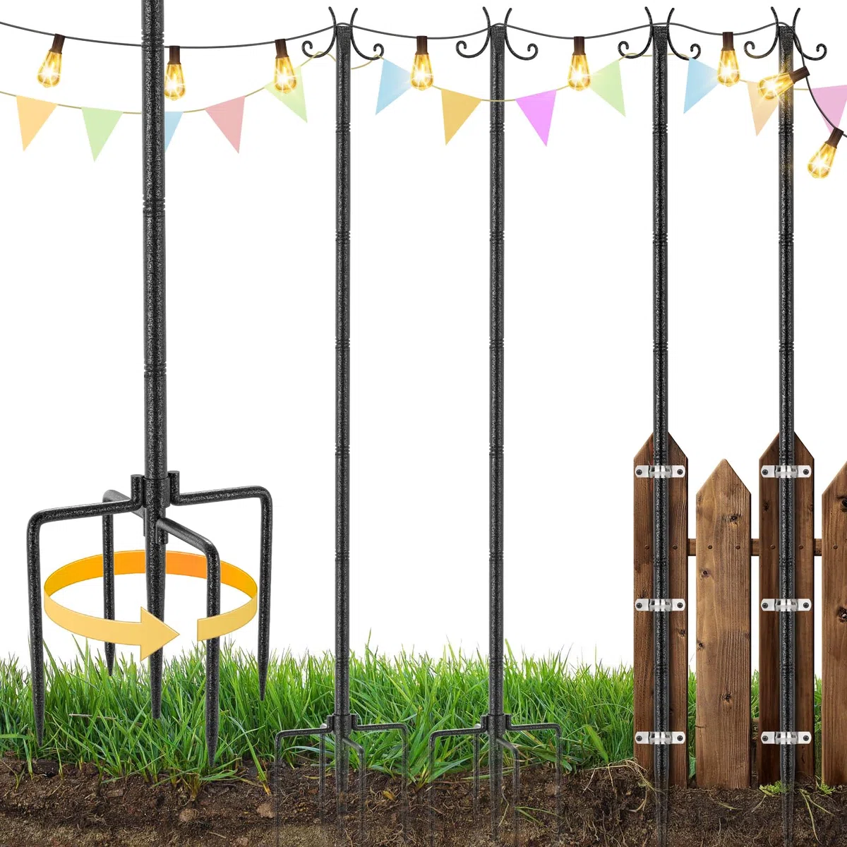 Lot de 2 crochets de jardin avec crochets de 305 cm en métal avec finition martelée, support de lanterne réglable en hauteur pour guirlandes lumineuses, lanternes, paniers à plantes, lampes solaires