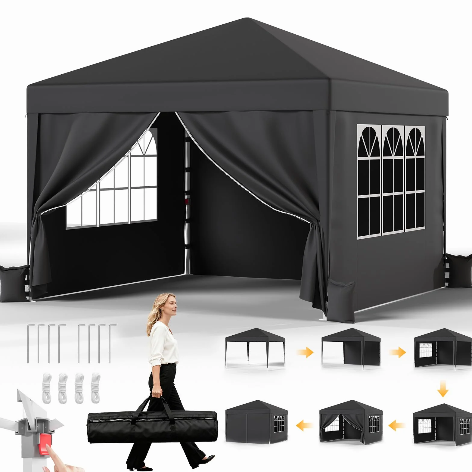 JUMMICO Tonnelle Pliante 3x3 imperméable, Hauteur Réglable, Toile Épaisse avec Fermeture Velcro, Structure Robuste, Protection Anti-UV, Idéale pour Camping, Jardin et Plus Encore, Gris