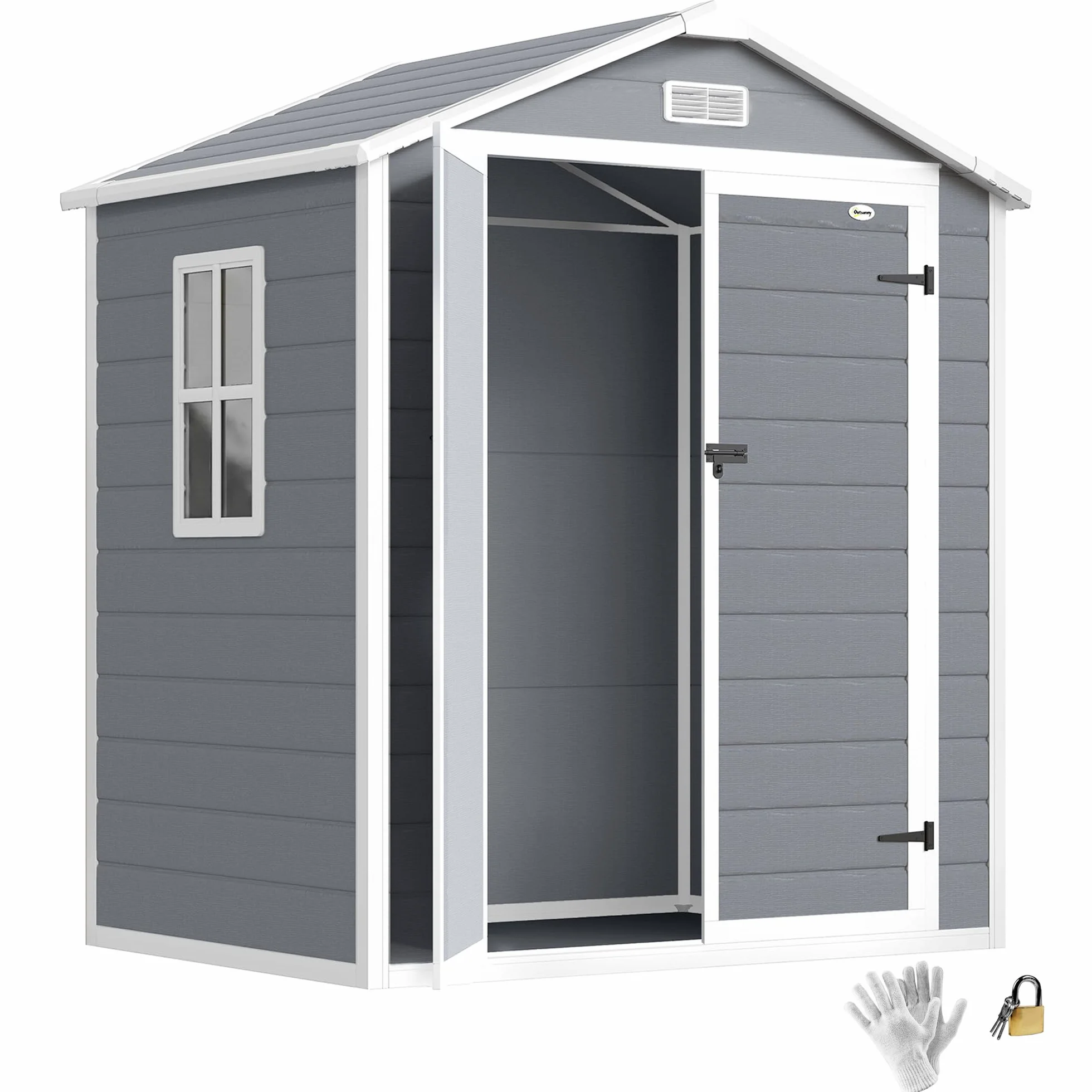 Outsunny Abri de Jardin cabanon en résine polypropylène 2,12 m² - 2 Portes 1 fenêtre et 1 Grille d'aération, Toit en Pente, Gris