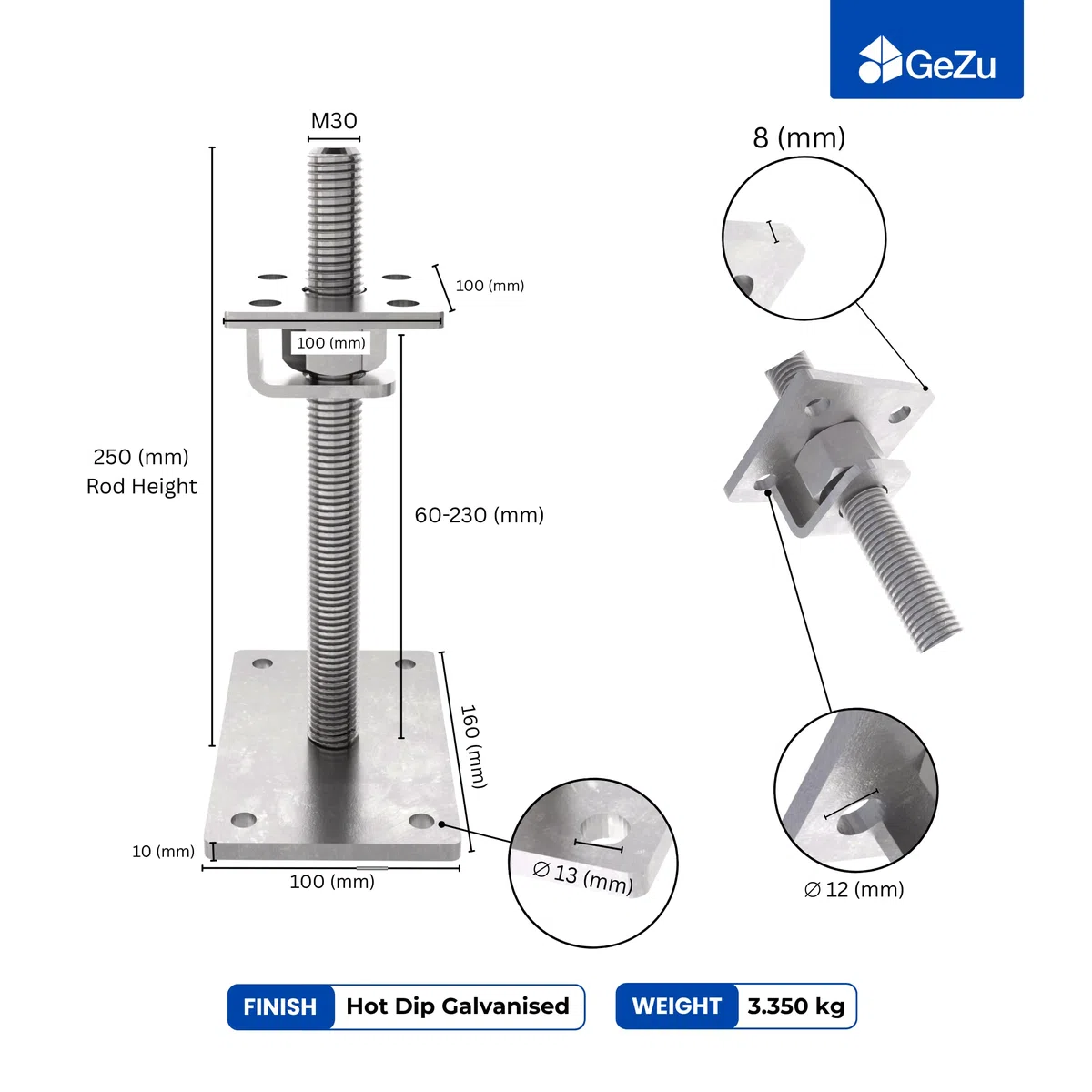 GeZu Impex Support de poteau Galvanisé à chaud Lot de 4 100 x 100 mm hauteur reglable platine bois pied poteaux clôture