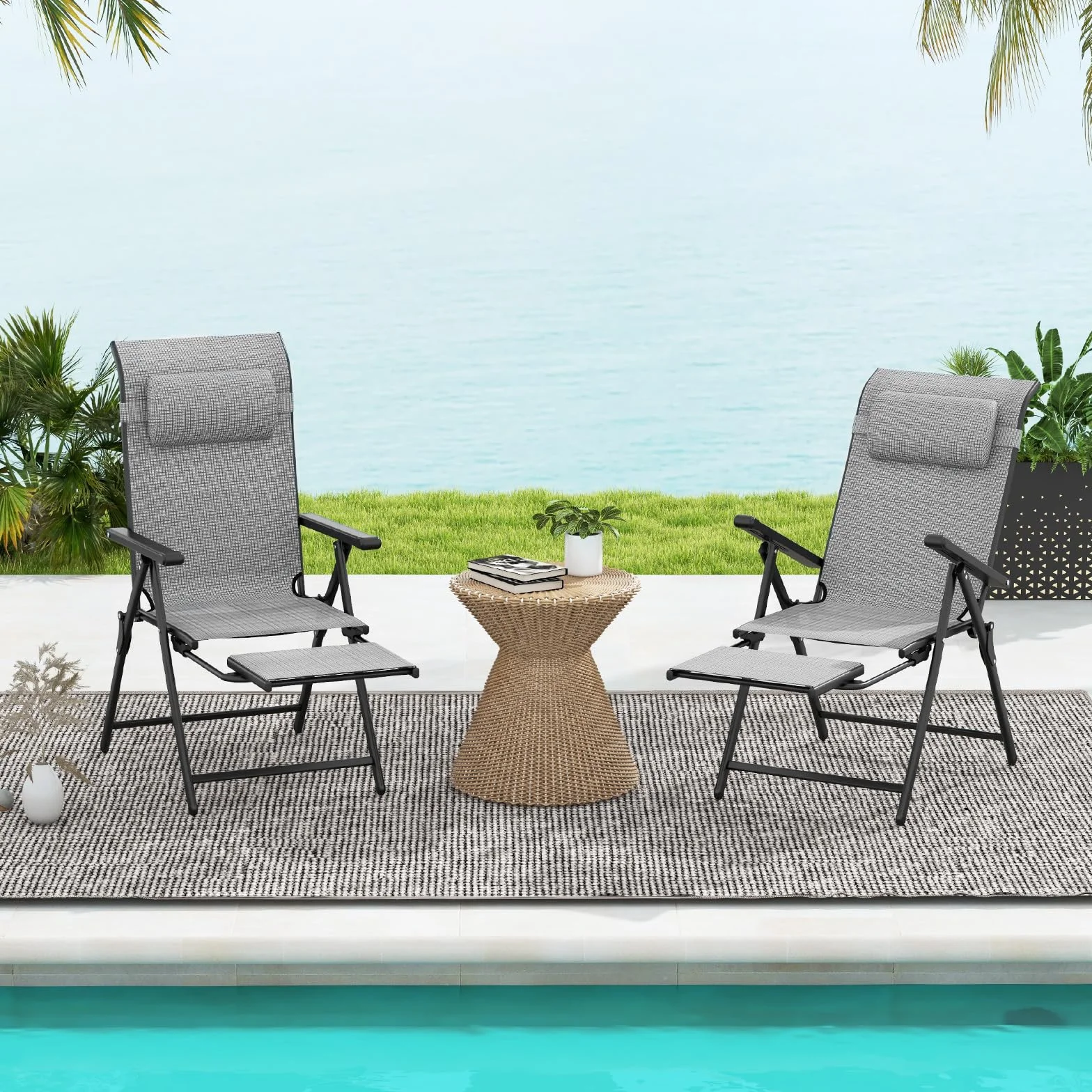 COSTWAY Chaises de Jardin Exterieur, Chaises Pliantes Réglables sur 10 Niveaux, Repose-Pied Rétractable, Appui-tête, Fauteuil Pliante pour Jardin Camping Piscine, Charge 150 kg (2)