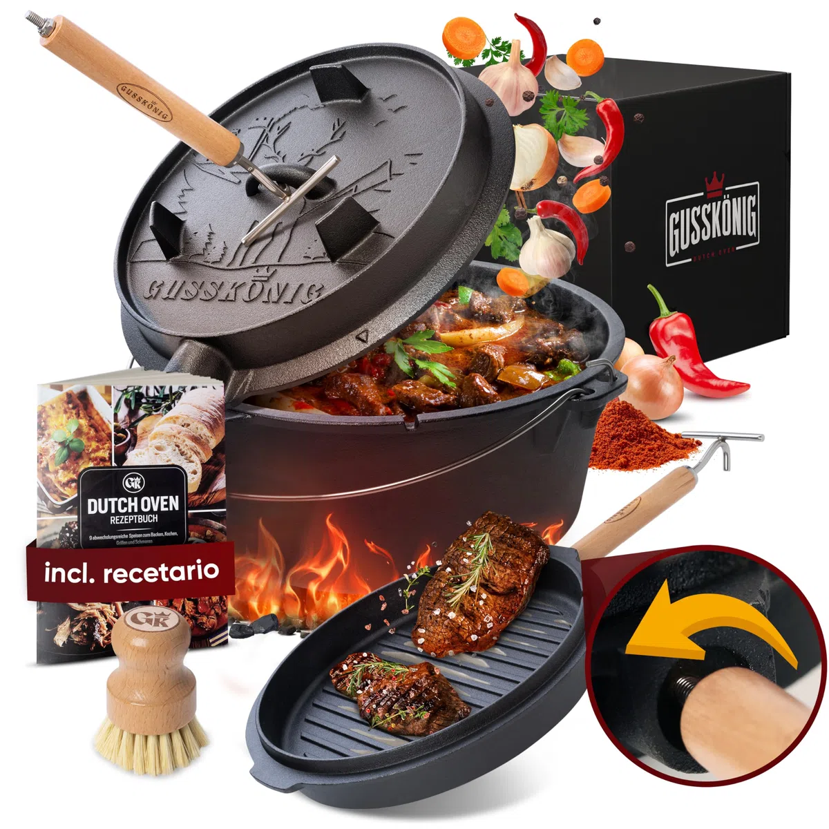 GUSSKÖNIG dutch oven Cocotte Fonte Barbecue - Cocotte Émaillée 7L avec Pieds - Chaudron en fonte - Double Fonction - Marmite fonte-Marmite feu de bois, Inclus : Brosse & Livre de Recettes[3-5 Pers.]