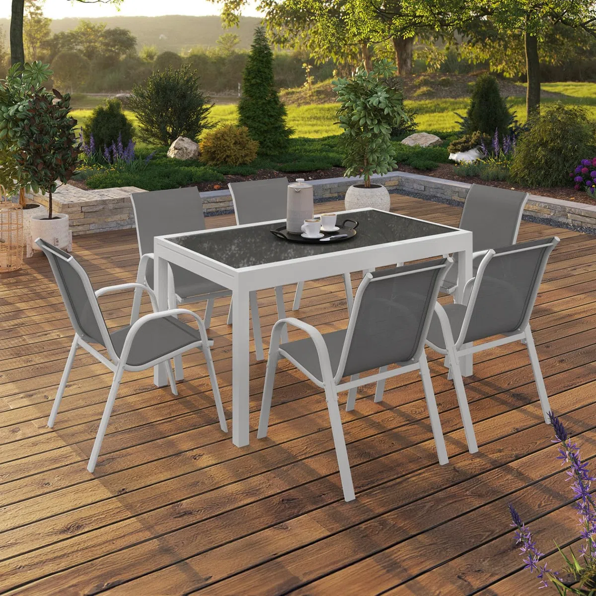 IDMarket - Salon de Jardin Madrid Table Extensible 135-270 CM et 12 chaises empilables Blanc et Gris