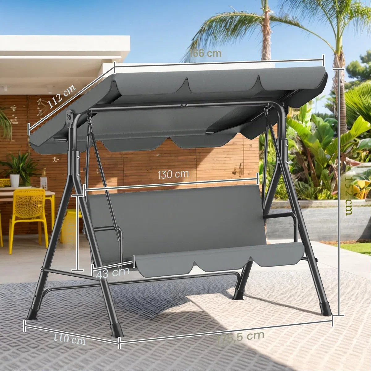 Balancelle Jardin 3 Places,Chaise à Bascule avec Toit Pare-Soleil et Coussin Amovible,Chaise de Jardin,Structure Métallique Stable,Charge 270 kg,Banc à Bascule pour Extérieur,175x110x152cm,Anthracite