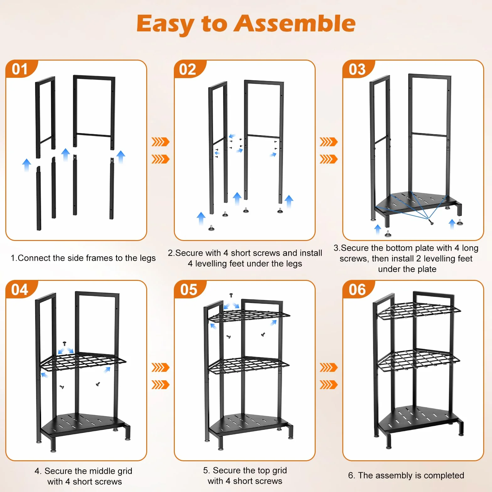 Organiseur Outil de Jardin, Support à Outils d'Angle pour Garage, jusqu'à 34 outils manche, 14 Crochets, Support de Jardin en Acier Résistant avec Pieds Réglables pour Râteaux, Pelles, Balais