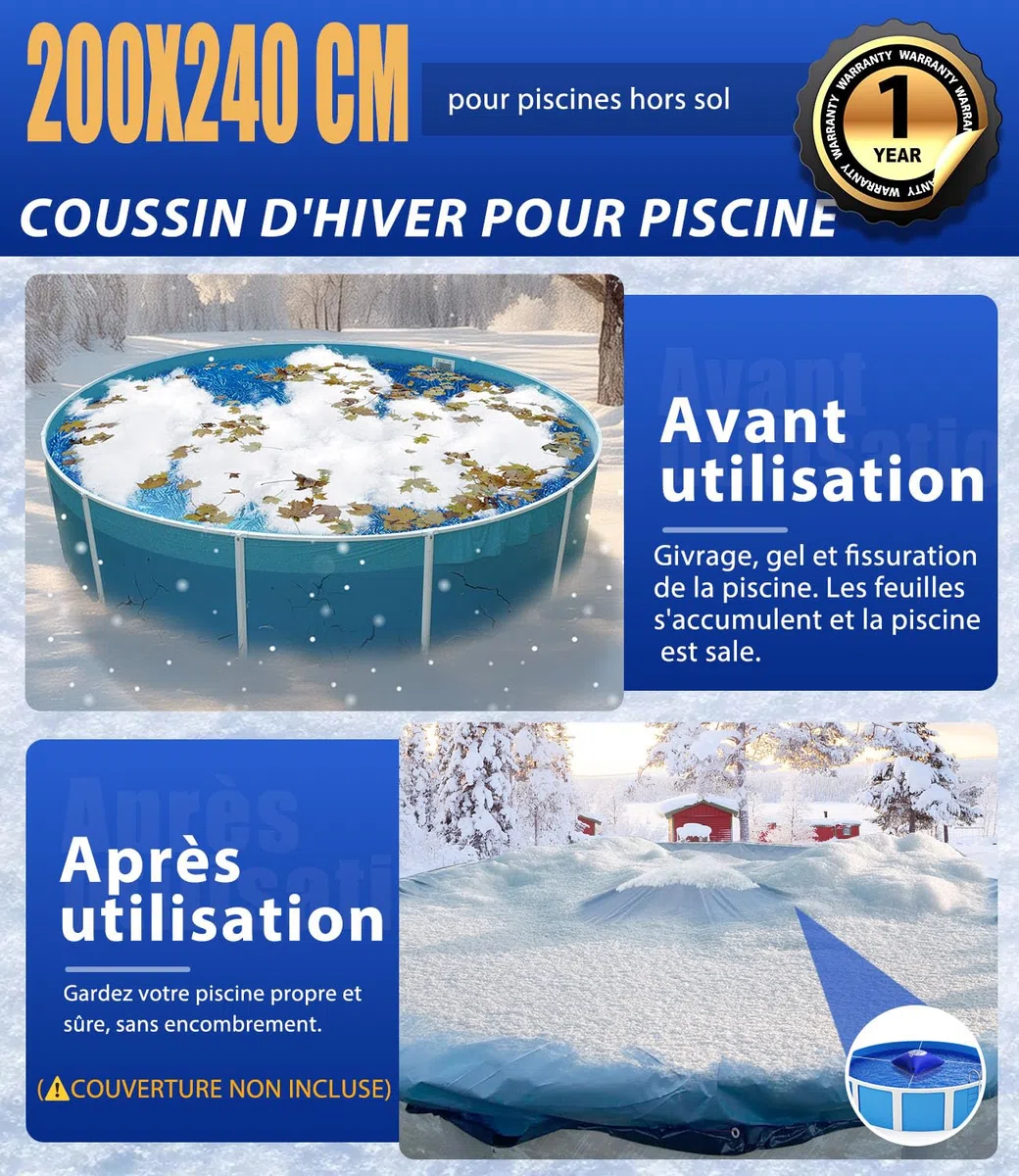 Angooni Coussin de piscine d'hiver XXL 200 x 240 cm | Coussin d'air pour piscine avec double couture pour couverture de piscine | Coussin de piscine pour l'hiver | Avec valve Boston double inflation |
