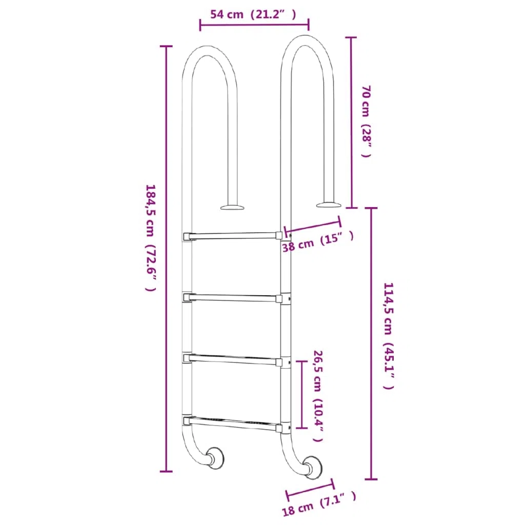 Échelle de piscine en acier inoxydable 304 avec marches antidérapantes 54 x 38 x 184,5 cm, aide à l'entrée et à la sortie pour piscine encastrée, jacuzzi, piscine hors sol, avec main courante