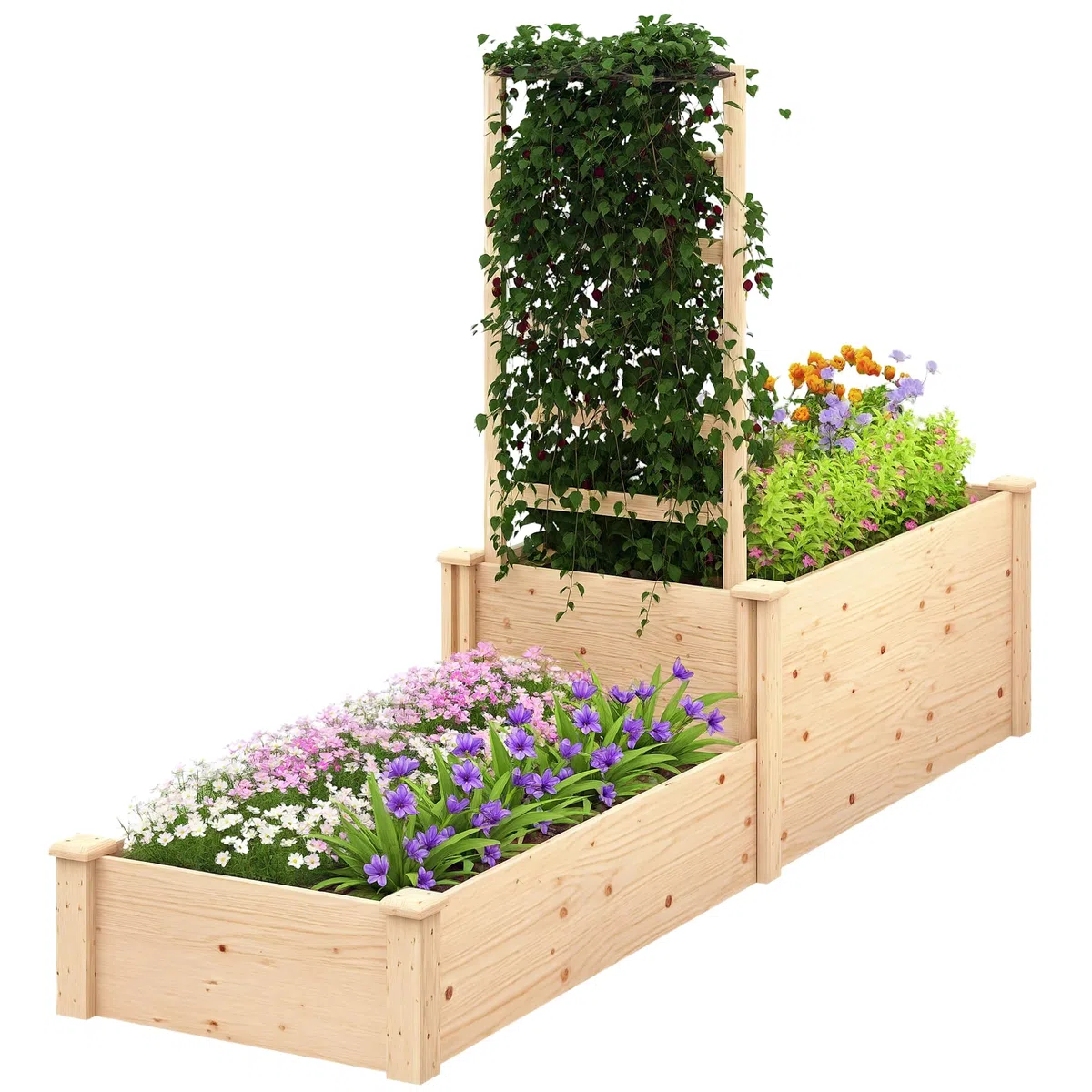 Outsunny Jardinière avec Treillis, lit surélevé de Jardin, jardinière extérieure à 2 bacs avec Fond Ouvert, bac à Fleurs en Bois pour Balcon terrasse Patio, 222 x 63 x 132 cm, Effet Bois Naturel