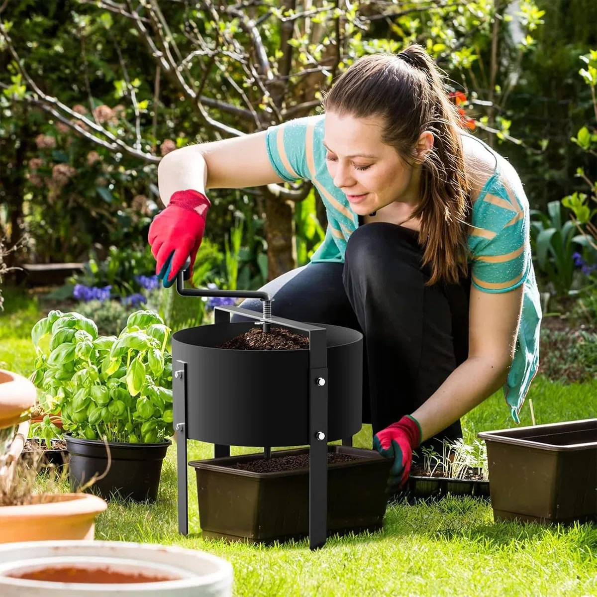 McbeAn Tamis De Sol Rotatif, Maille De Tamisage De Rempotage De Jardin avec Gants De Jardin, Tamisage De Maille De 0,2", Nettoyage Rapide À Haute Efficacité, Outils De Jardin De Tamis À Compost