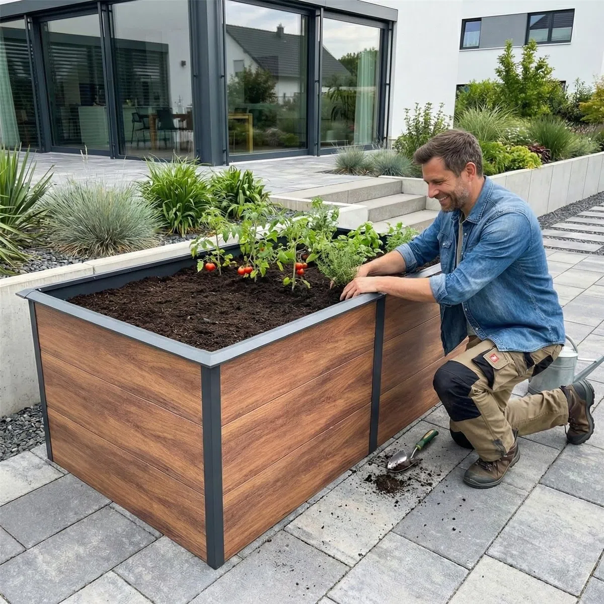Metzler Jardinière surélevée pour le jardin – Acier en imitation bois | Avec protection intégrée contre les limaces | Jardinière de jardin en métal résistant aux intempéries, bac à plantes, jardinière