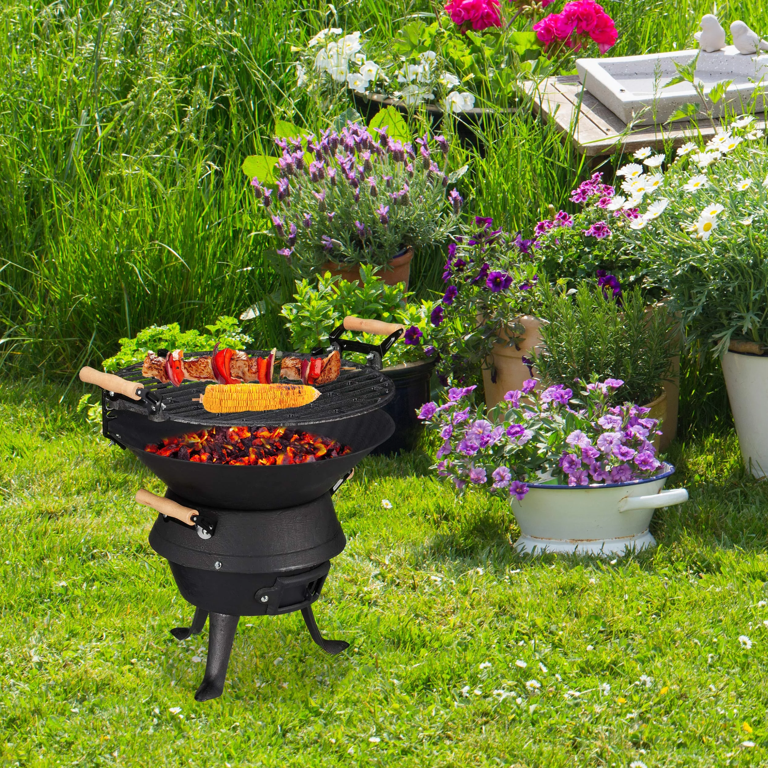 Relaxdays Baril de Barbecue en Fonte de Fer, Foyer réglable en Hauteur, aération, pour Charbon, HlP 40x45x36cm. Noir
