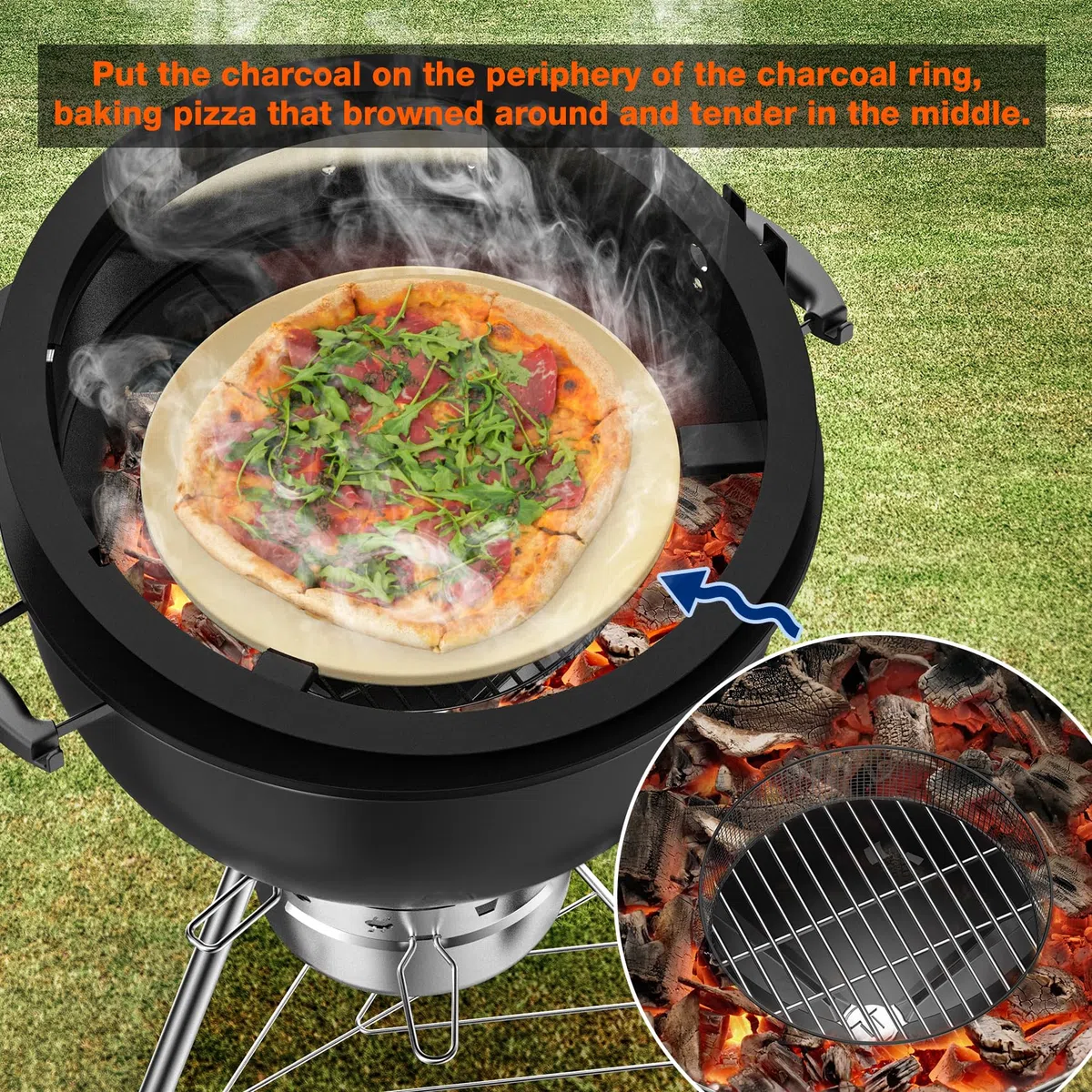 onlyfire Tourne Broche Barbecue Kit avec D'anneaux à Pizza pour Weber 57 cm Kettle Charcoal Grill, pour Rôtir du Poulet et Cuire des Pizzas, avec Moteur, Anneau à Charbon de Bois, Pierre à Pizza