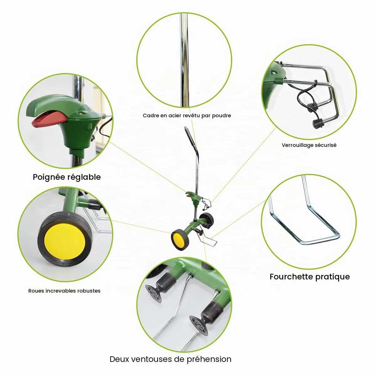 Déménageur de pot de jardin avec poignée réglable – Chariot robuste avec roues robustes sans plat et ventouses antidérapantes, capacité de poids maximale de 75 kg