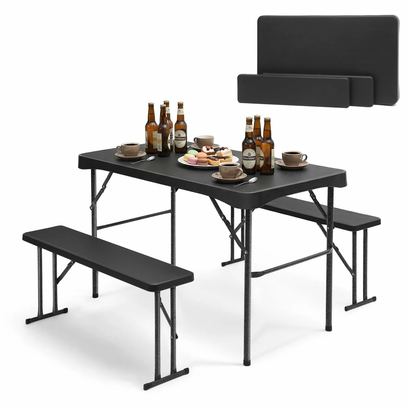 Sekey Ensemble de tentes à bière Pliables en Plastique - 113 x 61 cm - avec 2 bancs pour 4 Personnes - Ensemble de chapiteau pour l'intérieur et l'extérieur - Table à bière de Jardin (Noir)