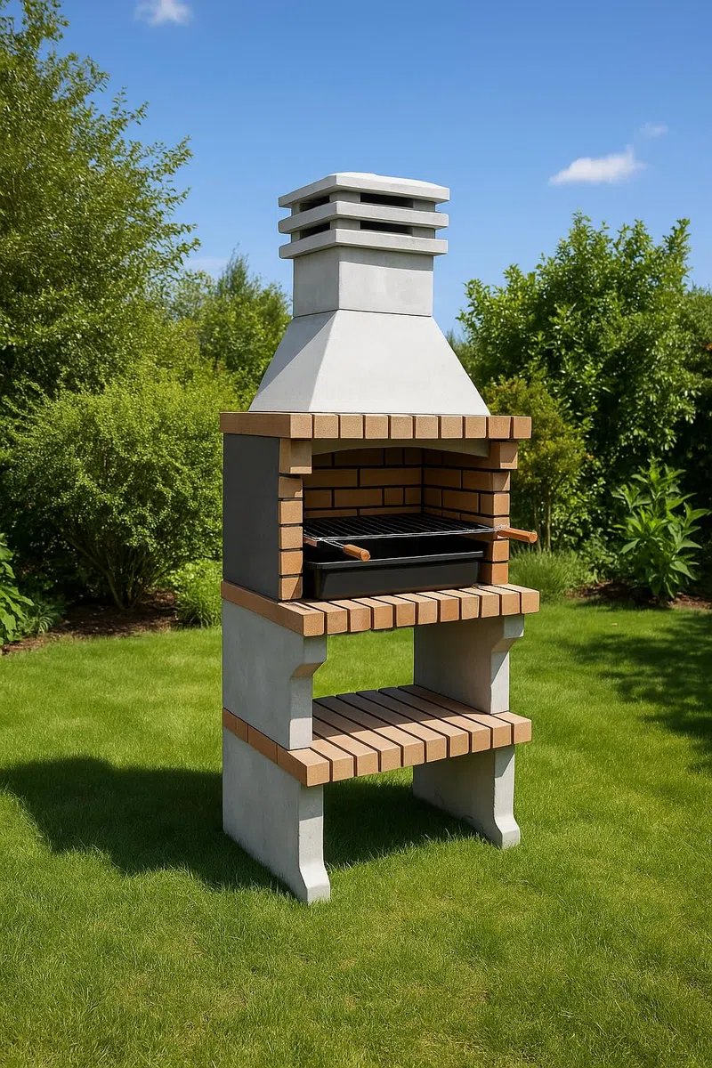 MOVELAR - Barbecue préfabriqué à bois et charbon de bois en béton réfractaire modèle Liz XL (Gris, Orange - 76 x 58 x 210 cm) REF: 3412/4 - Cuisine extérieure compacte pour terrasse, patio ou jardin