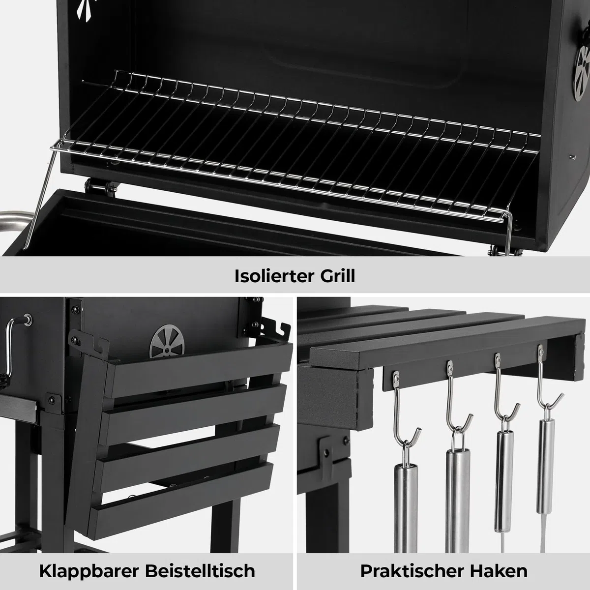 LIFERUN Barbecue Charbon de Bois XL, Grand Barbecue a Charbon avec Couvercle, BBQ Smoker avec Thermomètre et 2PCS Roues, Gril Réglable en Hauteur, Grill au Charbon de Bois pour Camping et Jardin