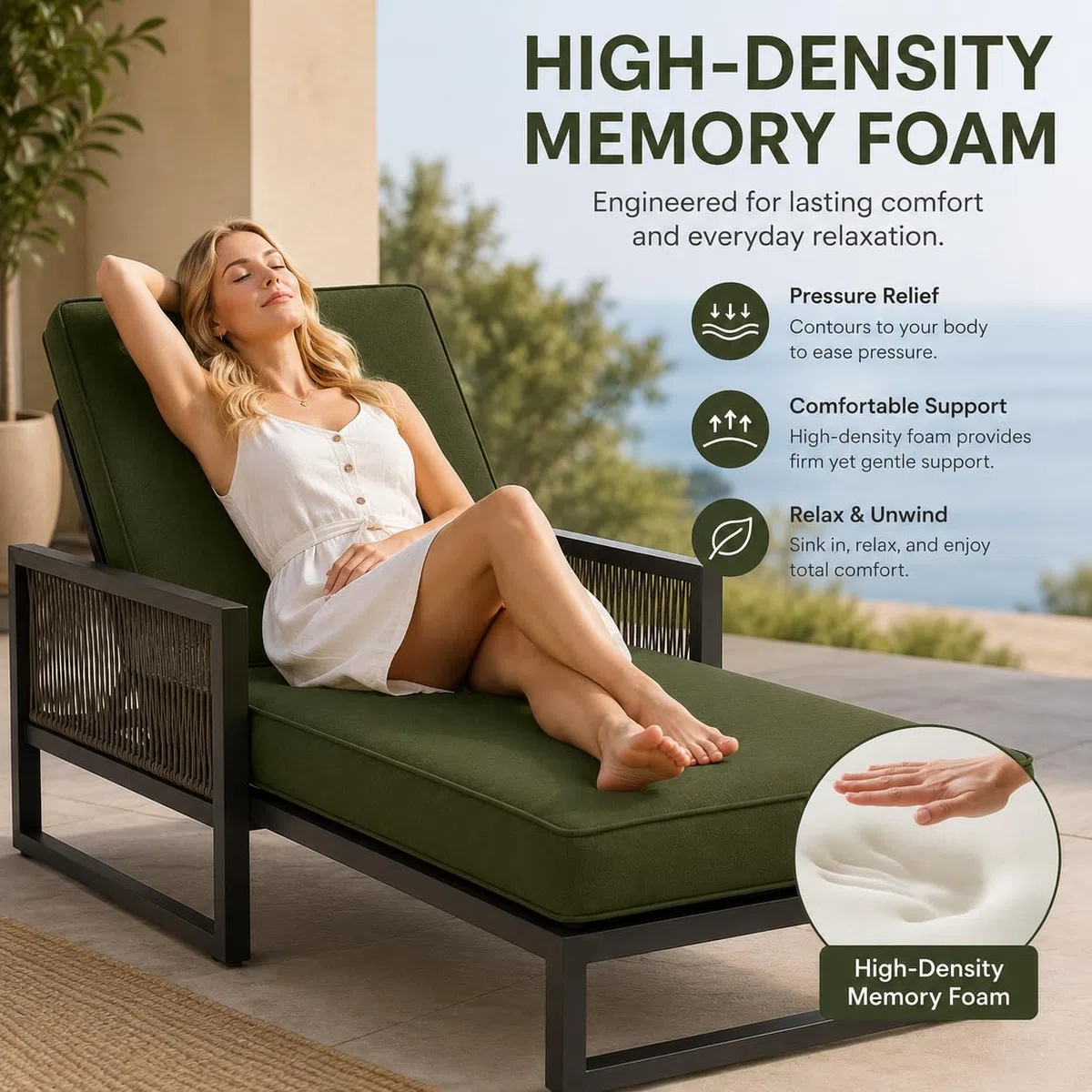 Coussin Exterieur Impermeable avec Mousse 50D, Coussin Transat Bain De Soleil À Accoudoirs & 6 Sangles, Matelas De Remplacement Épais pour Chaise Longue Jardin,Sky Blue,188x58x8cm