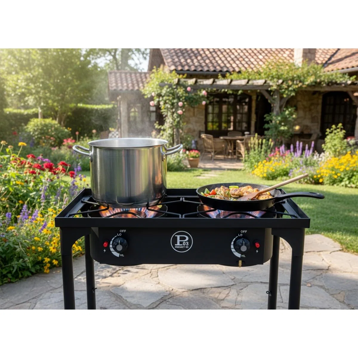 Project - Réchaud à Gaz 2 Feux 9KW 4 Pieds Bruleurs en Fonte Modulable en 3 Hauteurs - Cuisine Extérieure 74.5 x 40 x H80 cm Allumage Piezo POWERTOP 2