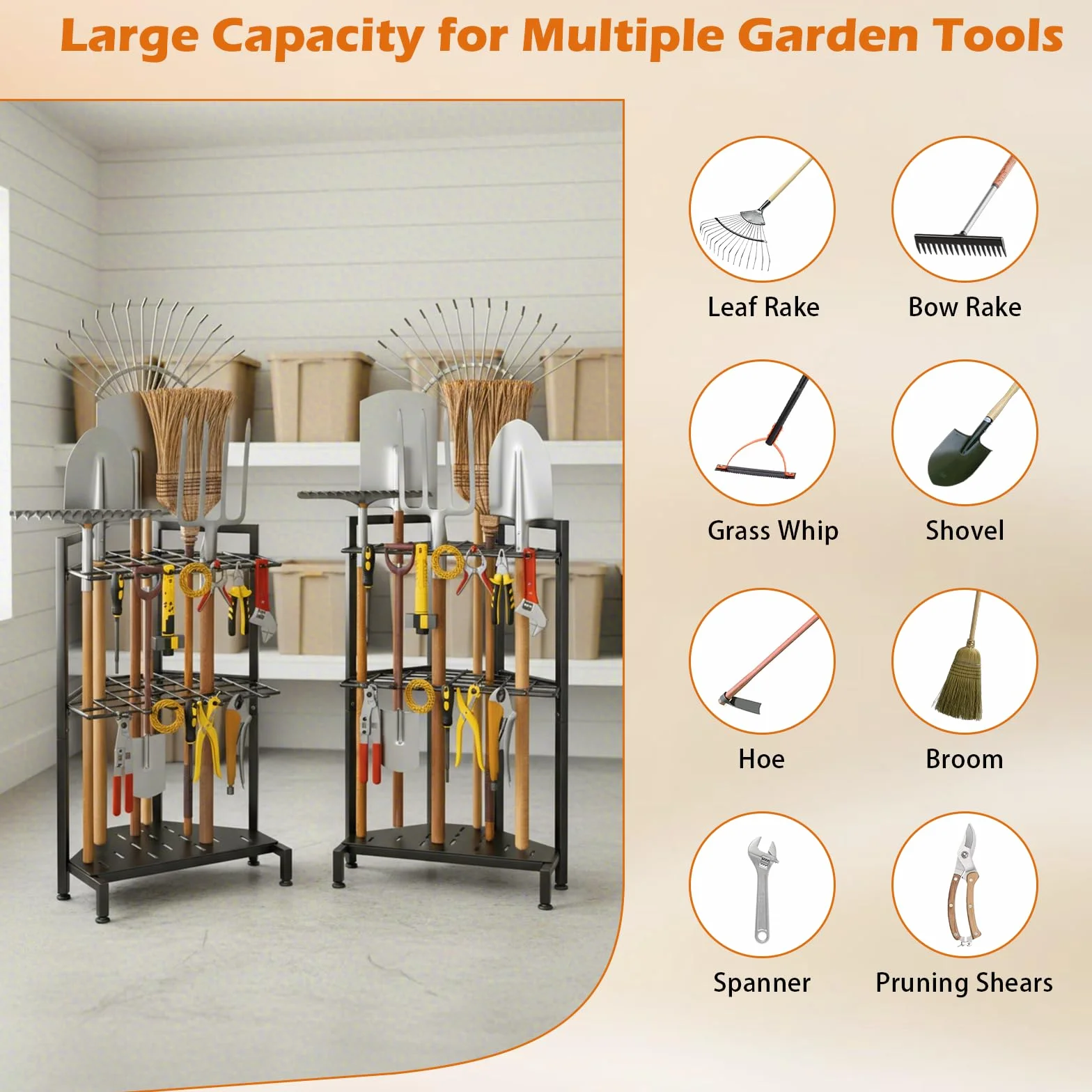 Organiseur Outil de Jardin, Support à Outils d'Angle pour Garage, jusqu'à 34 outils manche, 14 Crochets, Support de Jardin en Acier Résistant avec Pieds Réglables pour Râteaux, Pelles, Balais