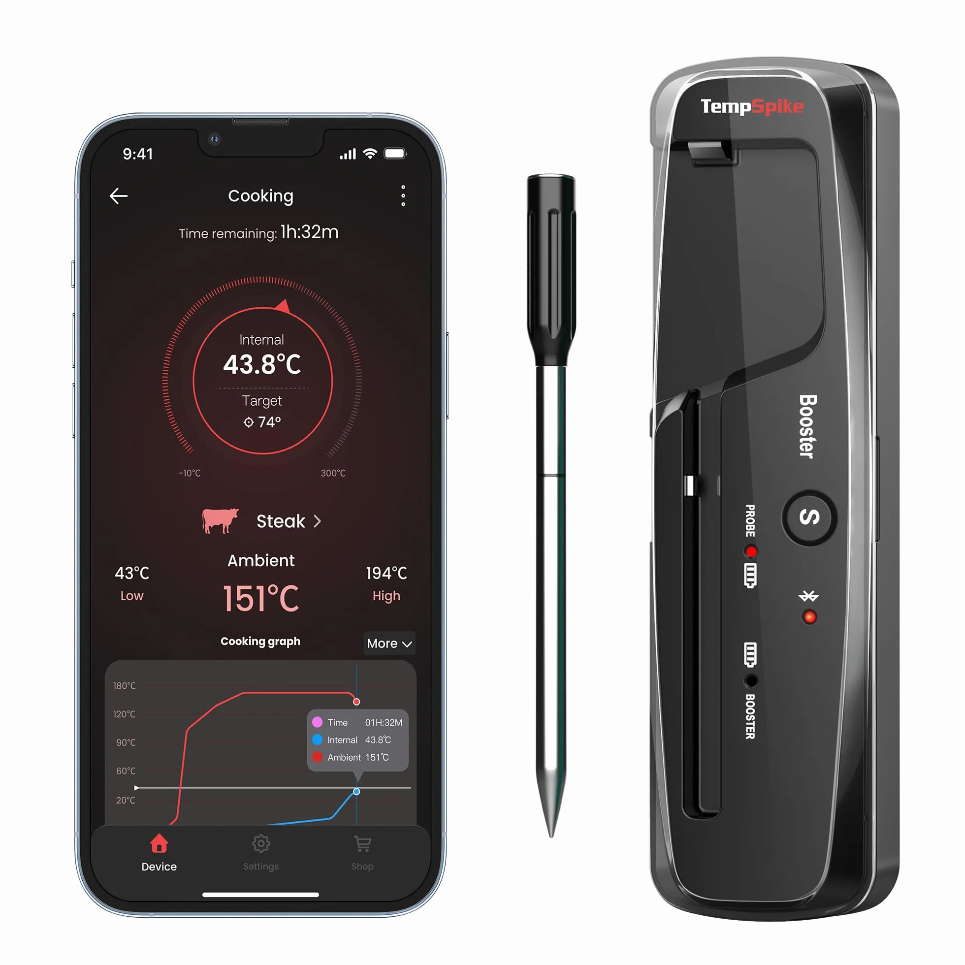 ThermoPro TempPro 150M Thermometre Cuisine Sans Fil pour Barbecue, Termometre Cuison Bluetooth avec APP Intelligente, Sonde de Cuisson pour Four, Gril, Cuisine, Fumoir, Sous Vide et Friteuses à Air