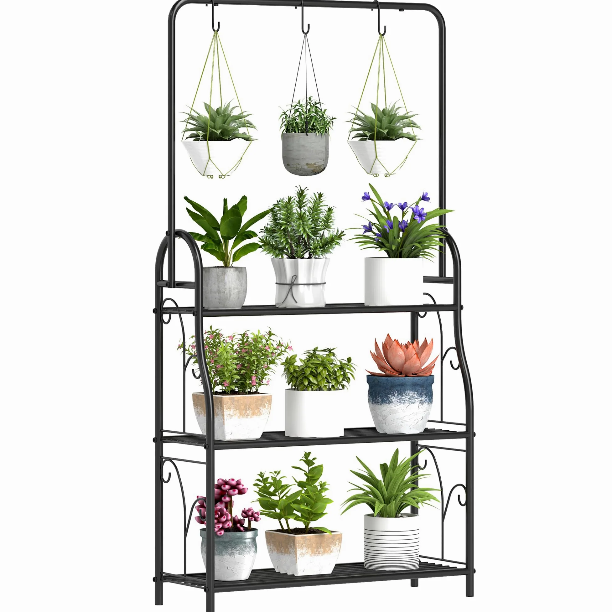 Outsunny Étagère à fleurs 3 niveaux pour Intérieur Extérieur Métal Noir | Support de Plantes, Tige de Suspension, 3 Crochets, pour Balcon, Salon, Chambre, Jardin