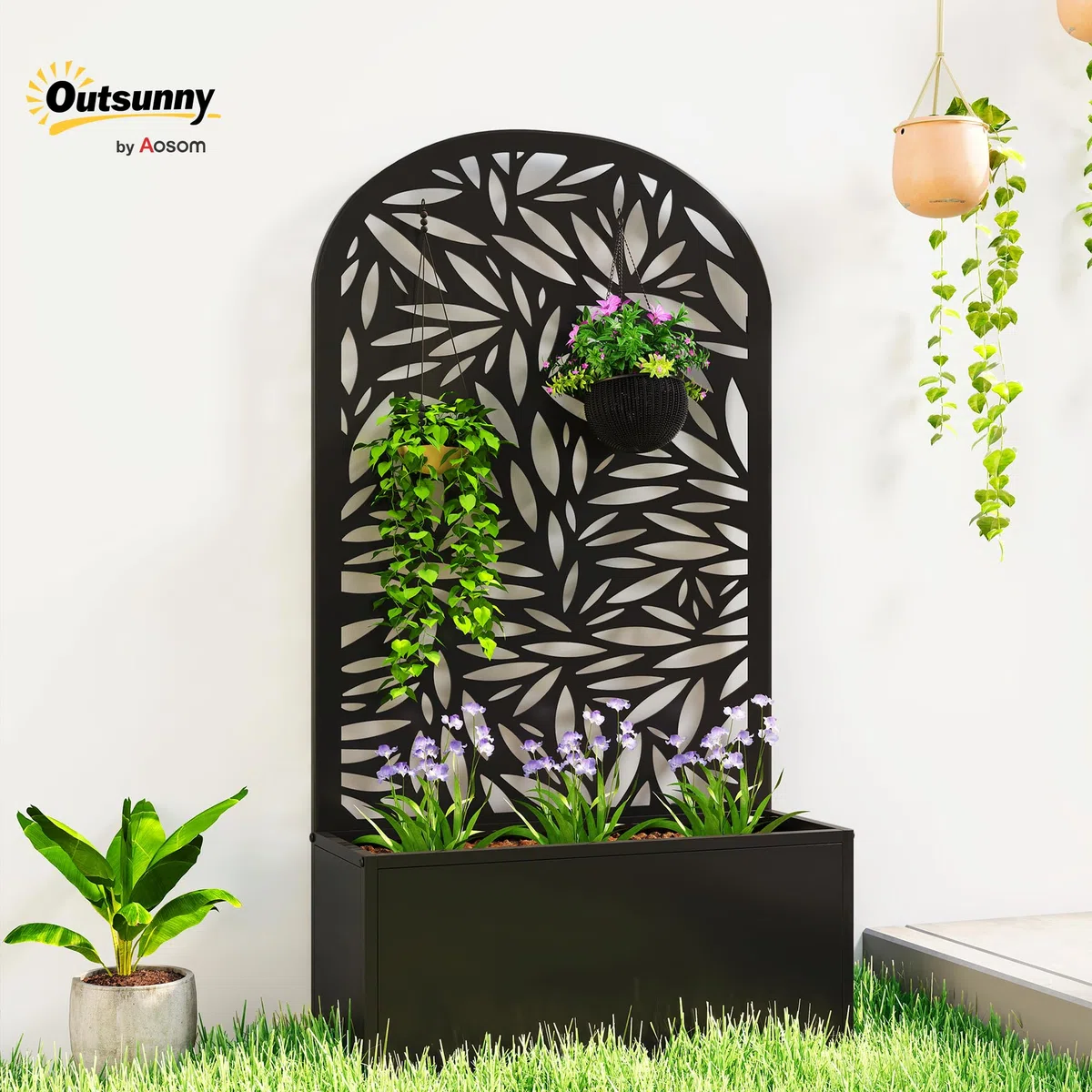Outsunny Jardinière avec Treillis, Bac à Fleurs Métal, 61x23x113cm Noir | Lit Surélevé avec Brise-vue Découpé en Feuilles, Fixation Mur ou Sol, pour Plantes Grimpantes, Légumes, Fleurs