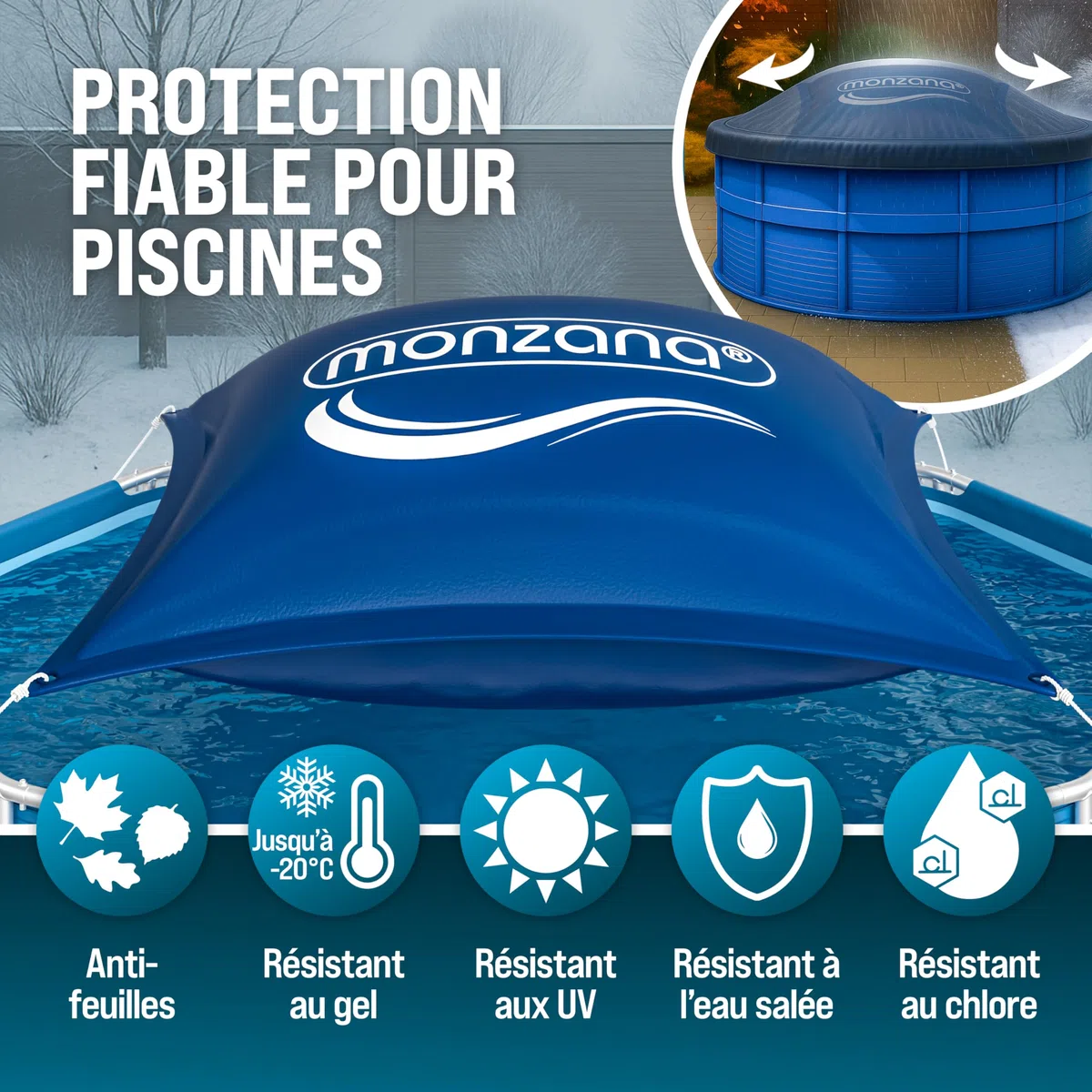 MONZANA® 4X Coussin de Piscine hivernage XL Corde PVC -20°C Double Couture 4 Oeillets Coussin Gonflable Oreiller Piscine Coussin Flottant Valve air | corde, double couture, 4 œillets, coussin gonflable, flottant, ballon, 120x120cm, eau chlorée, 0,44mm, ne