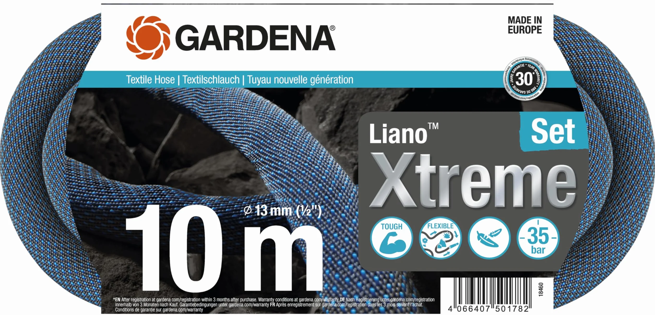 Gardena Liano Xtreme 1/2", kit de 10 m : tuyau d'arrosage extrêmement robuste en tissu textile, pour robinetterie intérieure, avec tuyau intérieur en PVC, léger, résistant aux intempéries (18460-20)