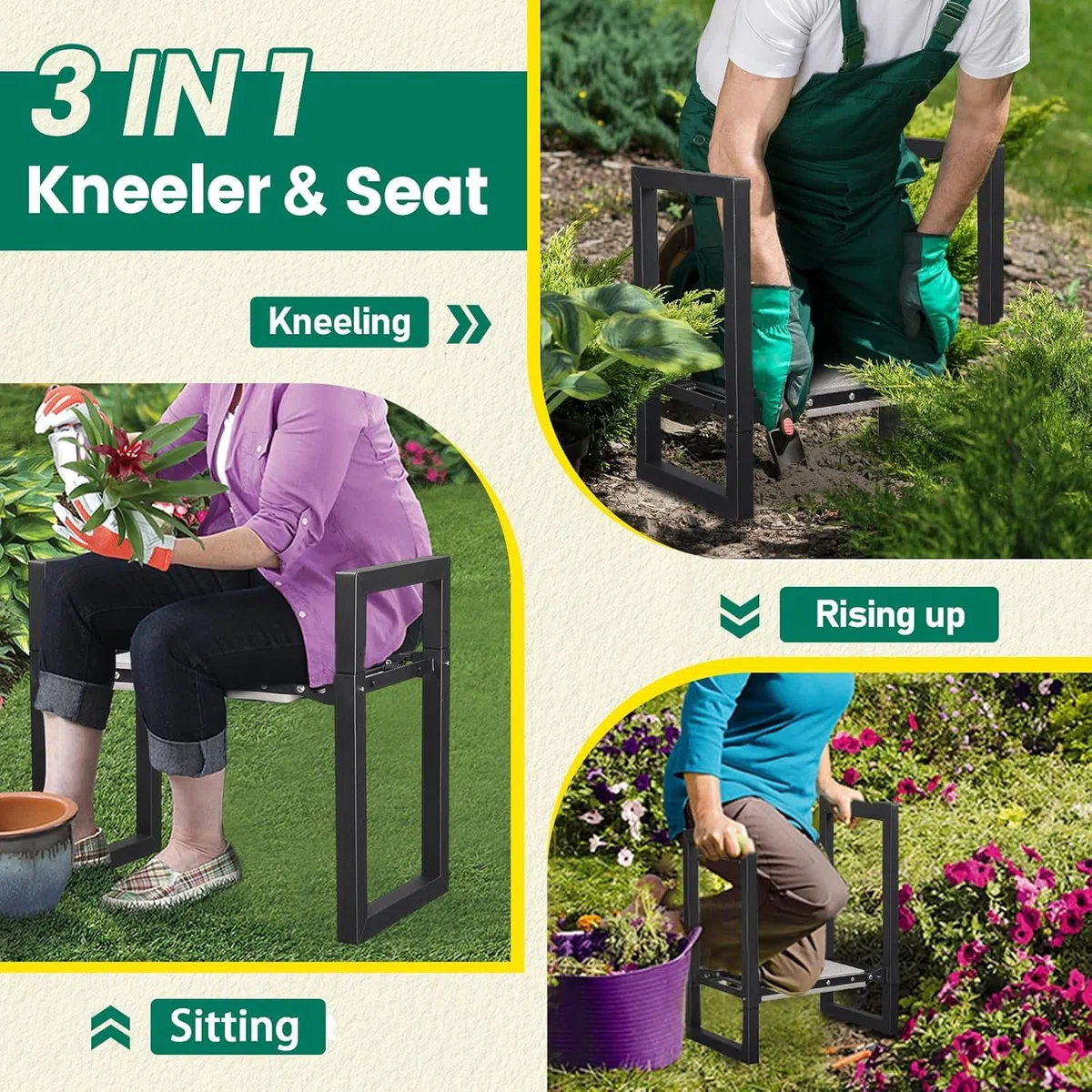 Repose-genoux et siège de jardin, tabouret de jardin pliable robuste avec poignées, appareil à genoux stable, banc de chaise, outils de jardinage, cadeaux pour jardiniers en plein air