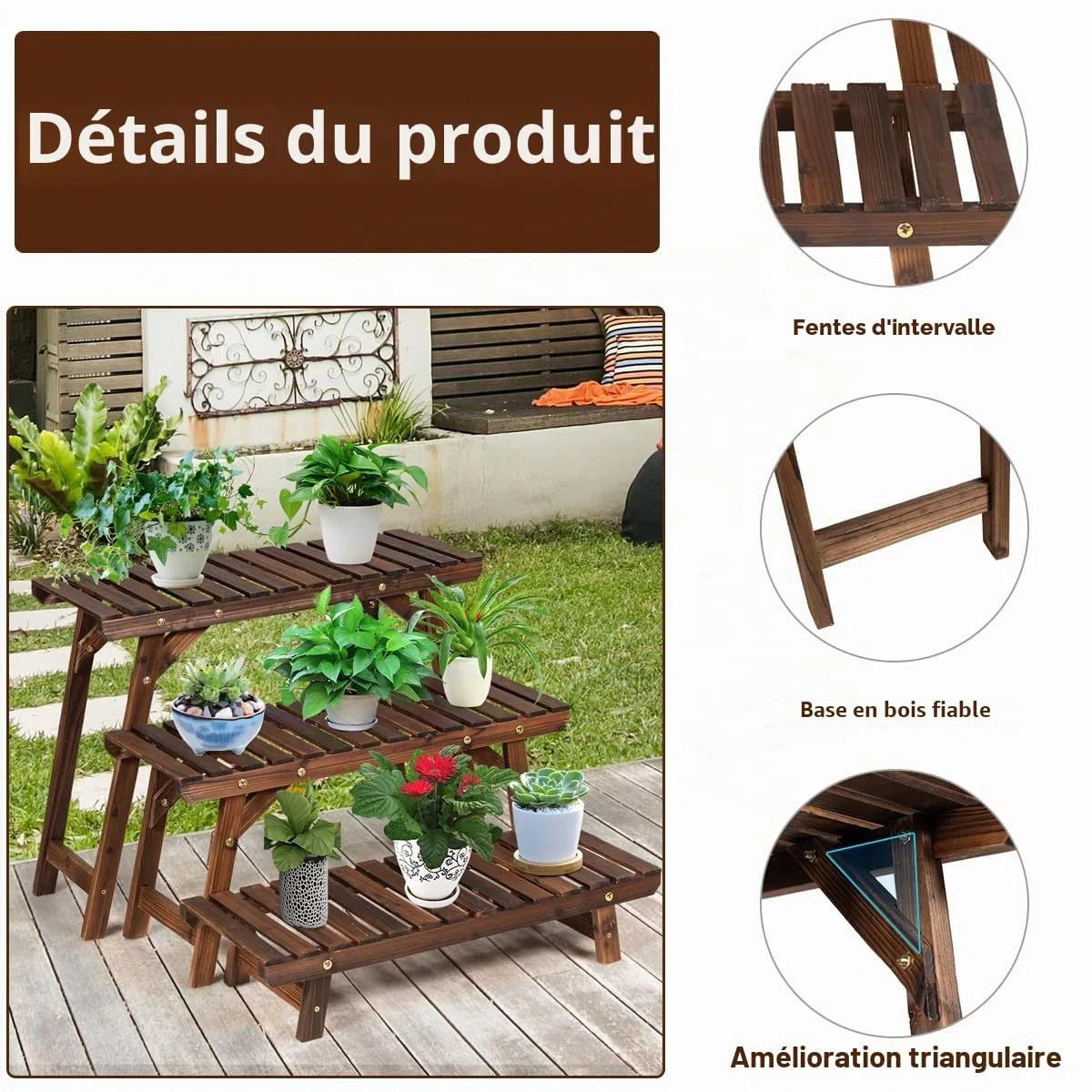 Étagère pour plantes en bois à 3 Etagères Interieur et extérieur, Support Plantes, Présentoir, Porte Plantes, Piédestal à Echelle pour Salon Balcon Terrasse Jardin