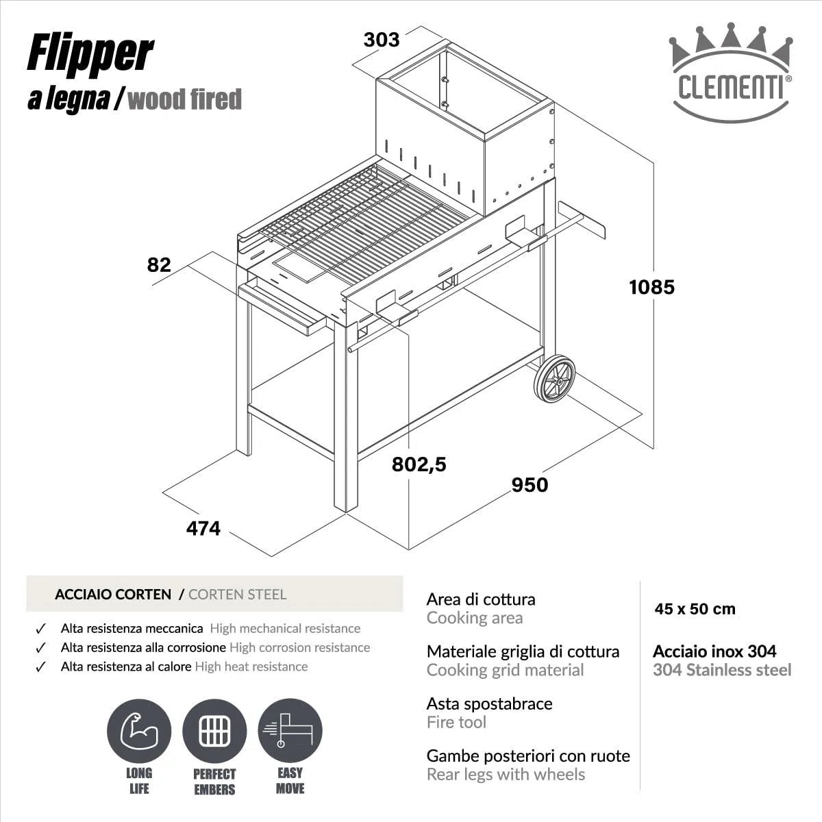 Barbecue à bois en acier Corten pour Serial Griller, Flipper avec grille en acier inoxydable, Super Flipper avec accessoires (Flipper complet avec accessoires)
