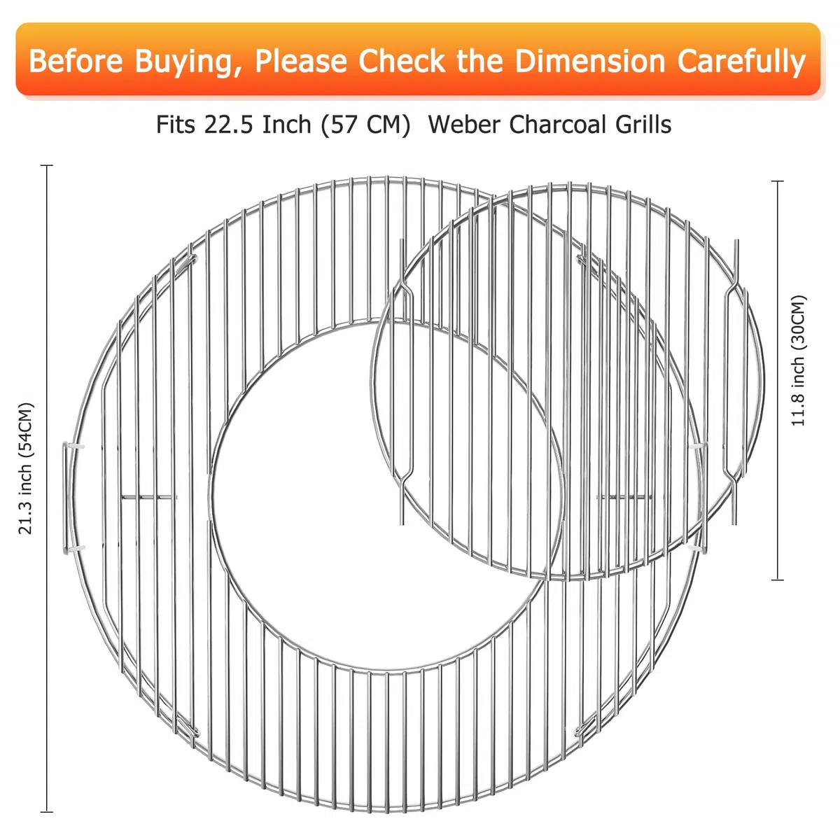 8835 Grille de cuisson de remplacement pour Weber 57 cm,Grille de cuisson 57 cm,Grill rond pliable Weber Grill 54 cm,pour Grills Weber 8835,Master Touch,One-Touch Grill,Acier inoxydable chromé