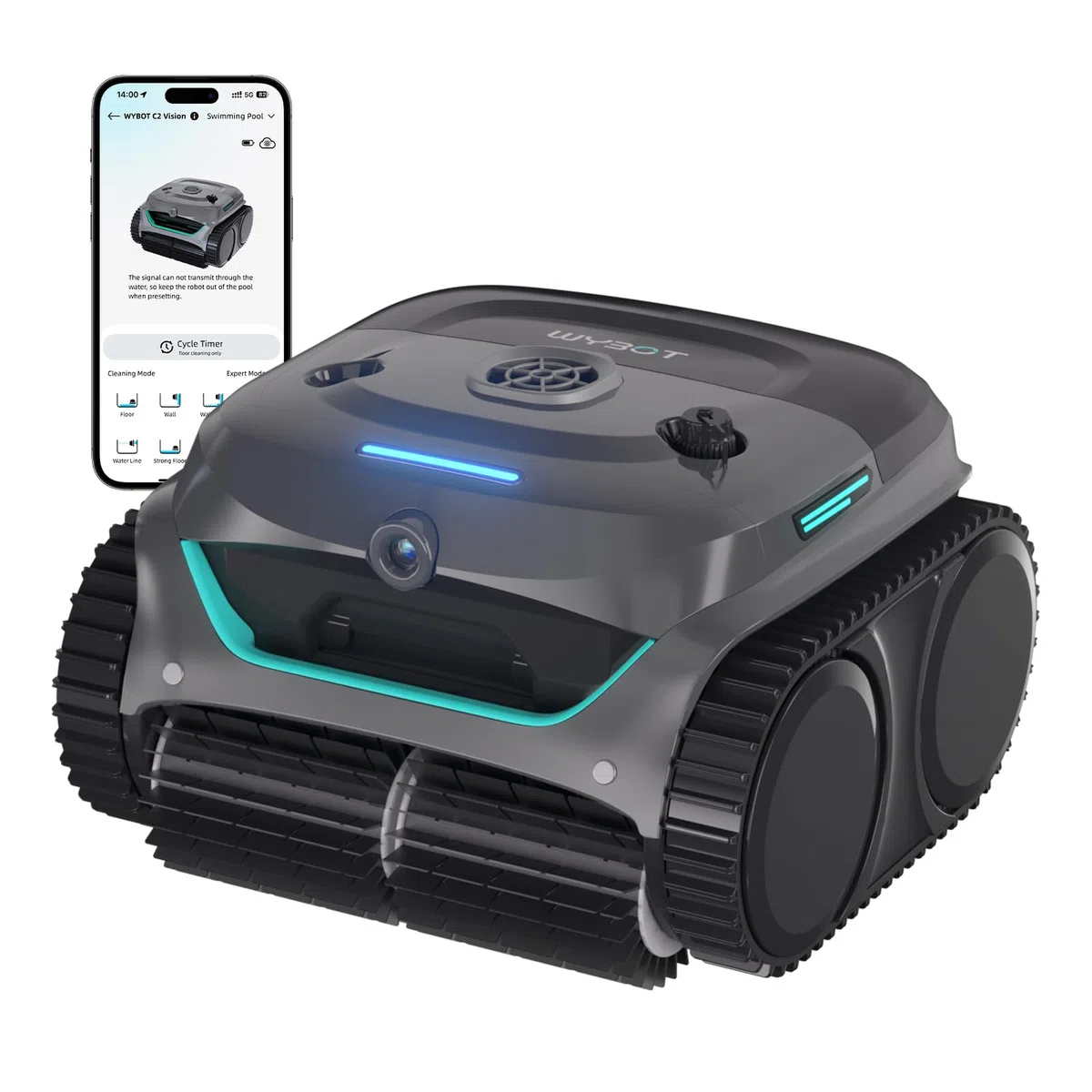 WYBOT (Nouveau Modèle) Robot Piscine sans Fil C2 Vision-A avec caméra IA, Filtration Ultra-Fine, Forte Aspiration, Nettoyage Fond/parois & Ligne d’Eau, Navigation Intelligente – Bleu-Vert Gris
