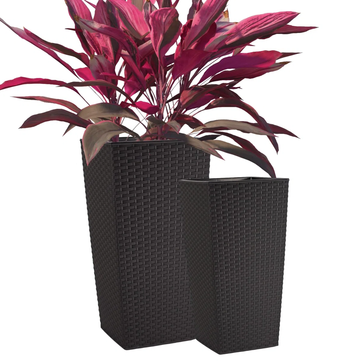 Ensemble de Pots de Fleurs avec Insert, Noir 57 cm | Pots de fleurs en 3 tailles : 37/47/57 cm, Aspect rotin et plastique recyclé, Pour la maison et le jardin
