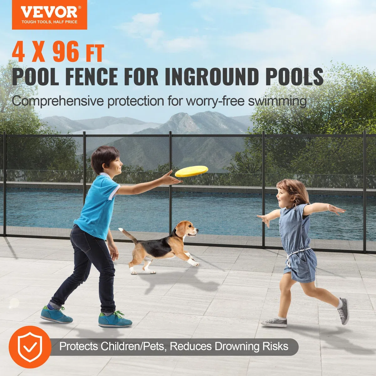 VEVOR Clôture de Piscine, Barrière de Piscine Creusée 1,21x29,26 m Clôture Amovible de Sécurité Pliable Tige en Aluminium Tissu Maille PVC Teslin 340 g/m² pour Protection Enfants Animaux Domestiques