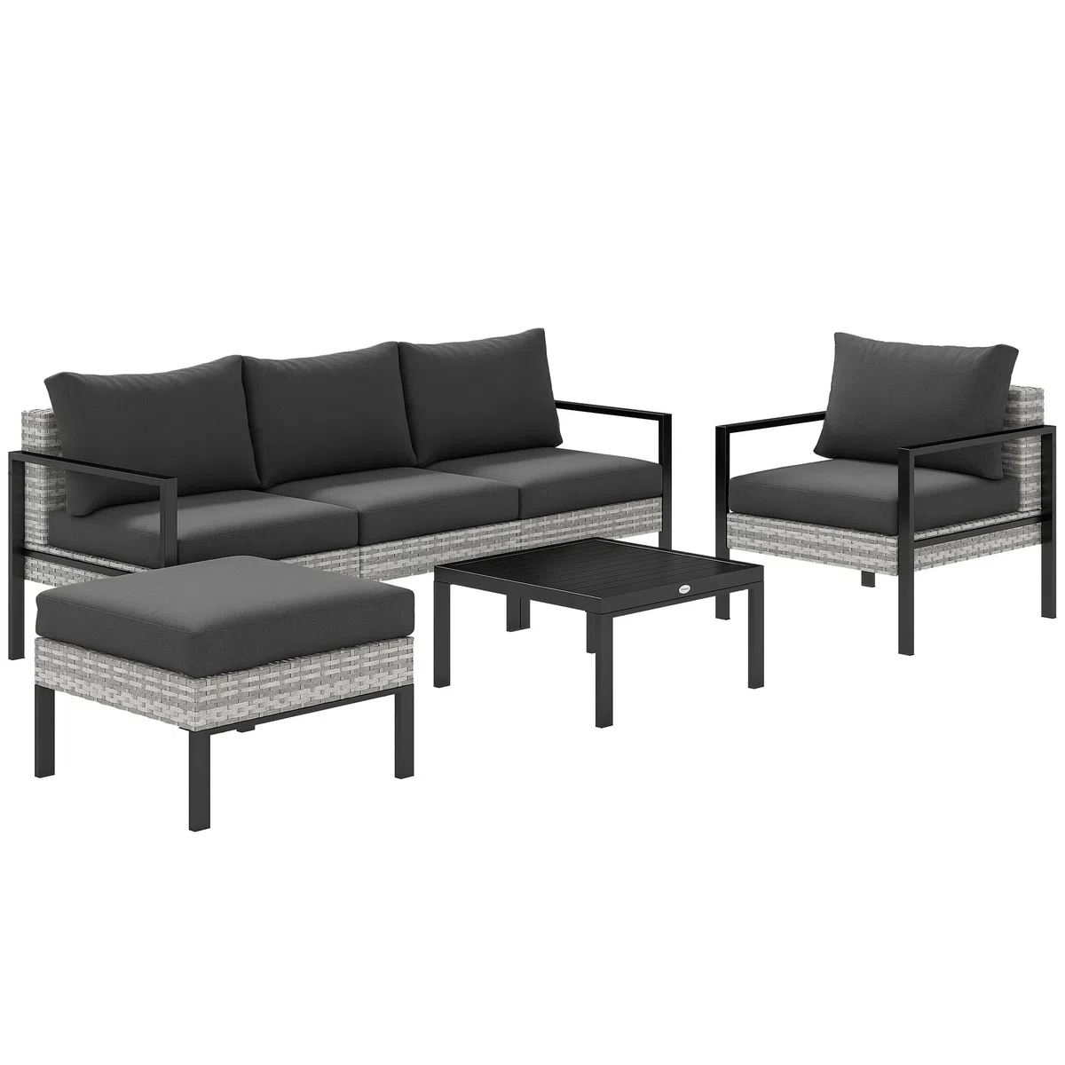 Outsunny Salon de Jardin Extérieur 5 Personnes Charge 120 kg Gris Clair | Salon de Balcon en Résine Tressée, Fauteuils, Pouf, Table Basse, Coussins Déhoussables Inclus