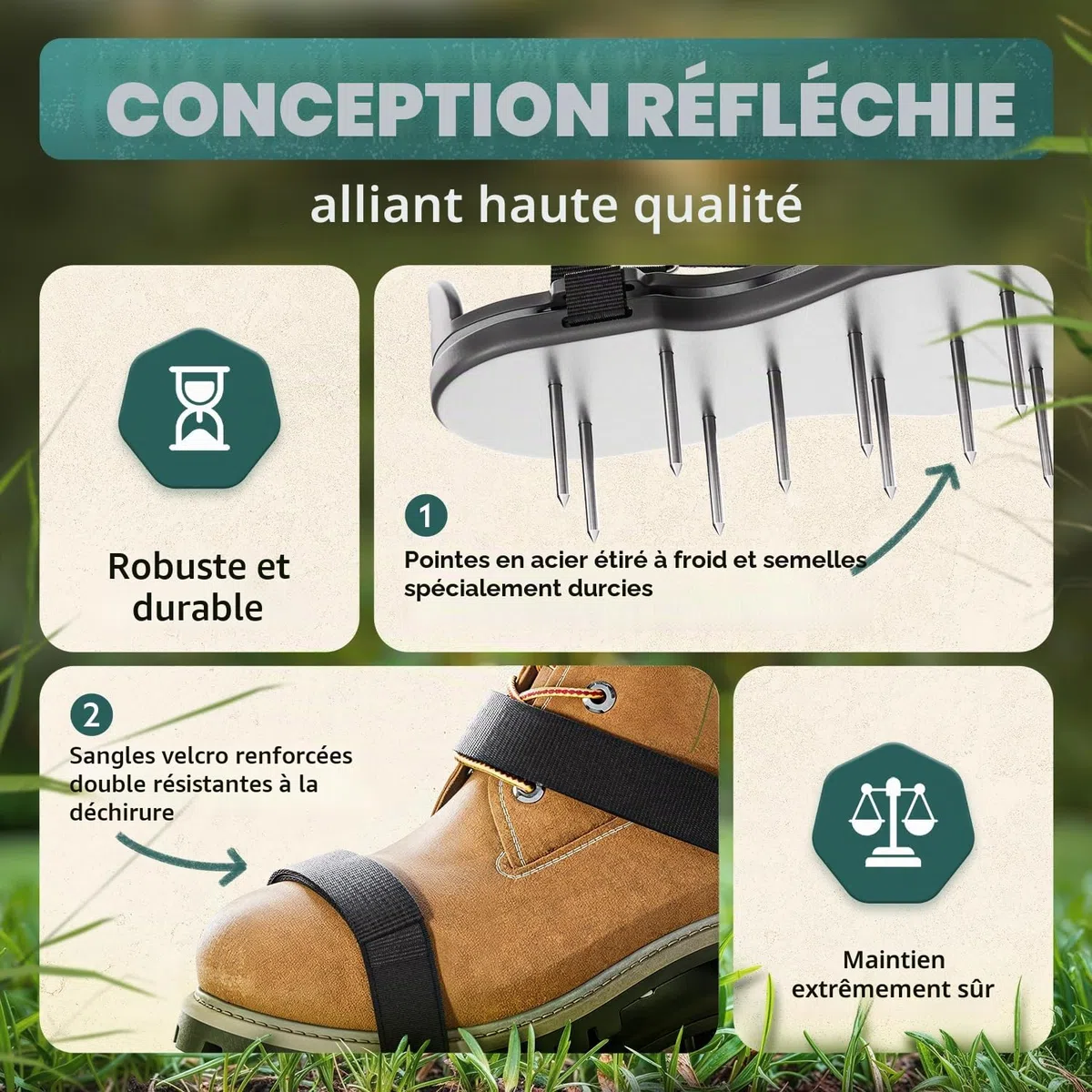 Chaussures à ongles Pro | Chaussures aératrices de pelouse + chaussures à chape | Aérateur de pelouse et aérateur pour aérer la pelouse | Chaussures de gazon de qualité supérieure pour