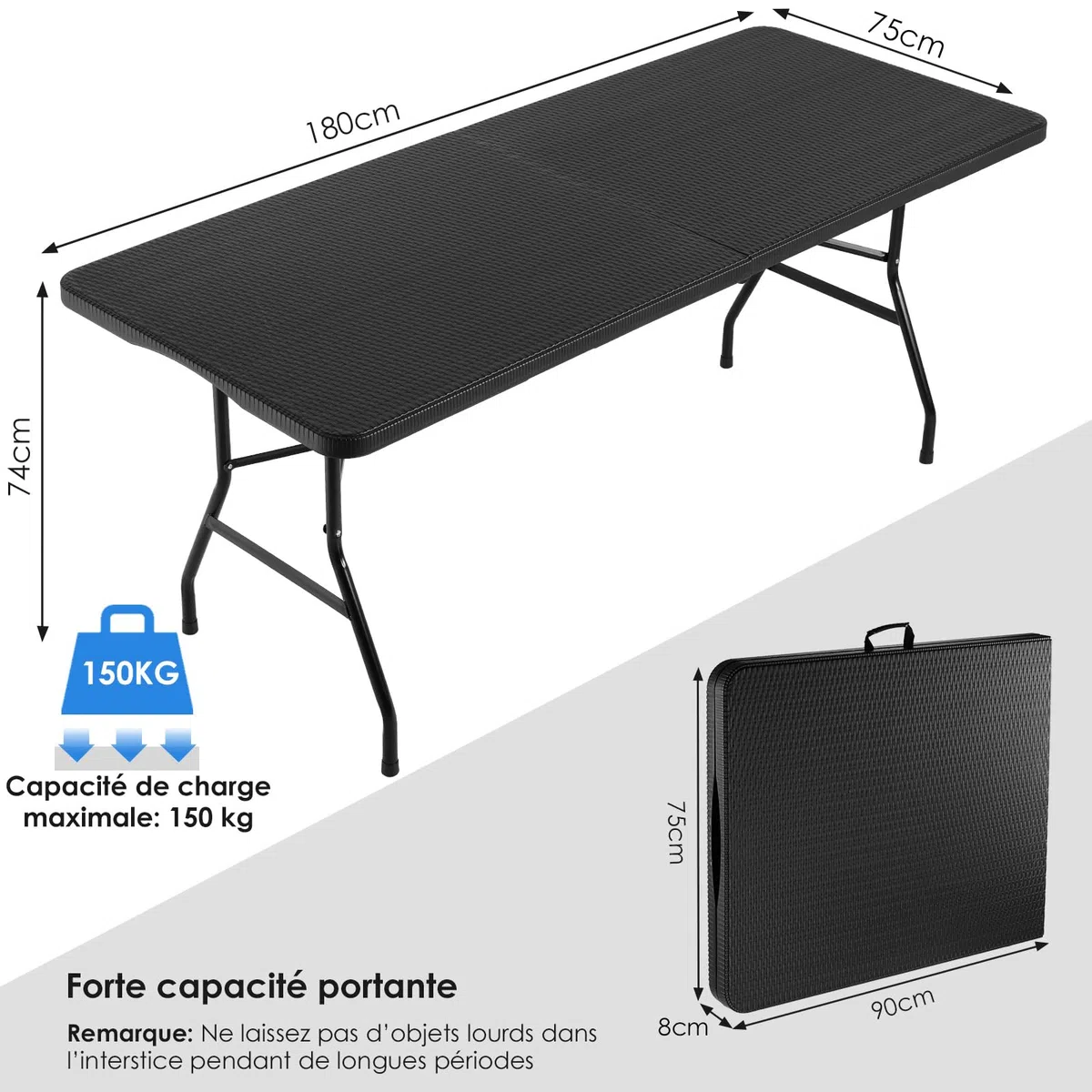 LIFERUN Table de Camping Pliant 180x75 cm,Table de Jardin en HDPE Plastique | avec Poignée, Résistant, Capacité 10 Personnes, Charge Max 150 kg, pour Terrasse et Balcon,Fête ou Plage,Design Rotin-Optique