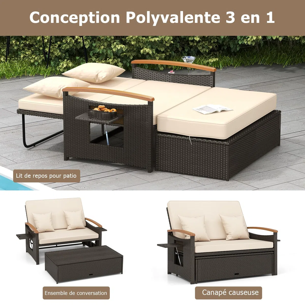 GYMAX 4-en-1 Canapé-Lit de Jardin, Table Basse, Ottoman, Coussins Oreillers Confortables, Dossier Réglable à 4 Niveaux, Salon de Jardin Exterieur en Rotin 2 Personnes, pour Patio, Terrasse, Piscine