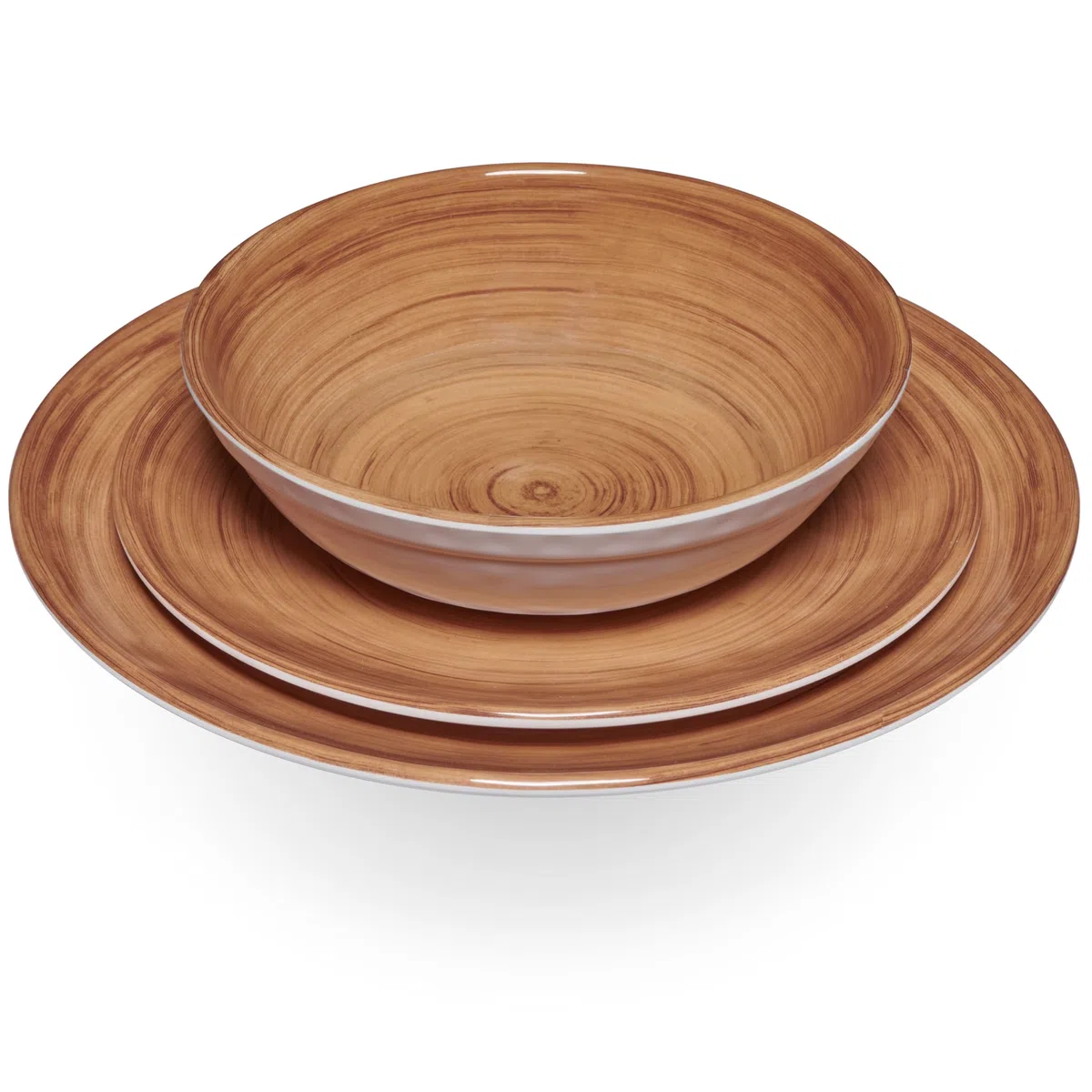 Vaisselle en mélamine marron pour 6 personnes - 18 pièces - Aspect bois - Passe au lave-vaisselle - Accessoires de camping - Caravane - Festival - Pique-nique - Fête de jardin