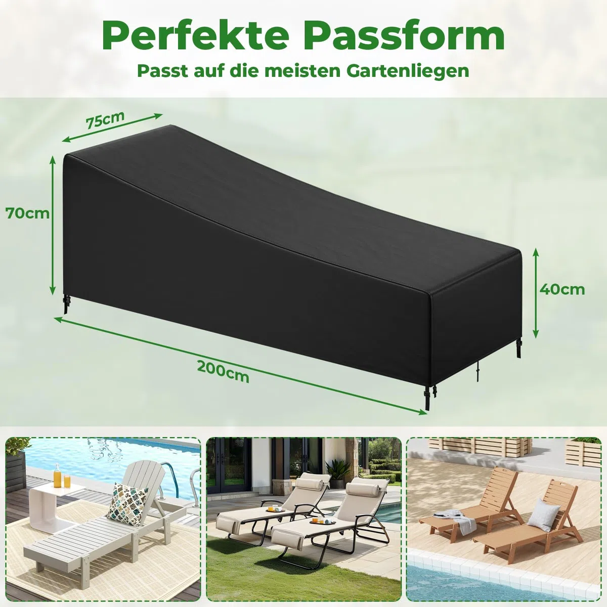 Lot de 2 housses de protection pour chaise longue de jardin - 200 x 75 x 40/70 cm - Oxford 420D - Imperméable - Coupe-vent - Avec 4 boucles et cordon de serrage - Résistant aux UV - Pour