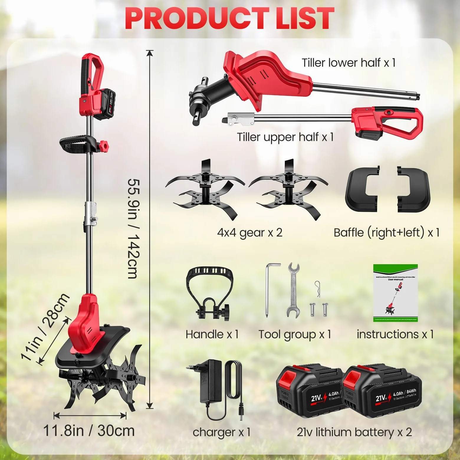 Motoculteur Électrique, Motobineuse sans Fil avec 2 Batteries 4.0Ah, 21V 550W avec Écran LED, 6000 RPM et 4 Lames Robustes, 30CM Largeur et 22CM Profondeur, Motoazada Bateria pour Potager, Jardin