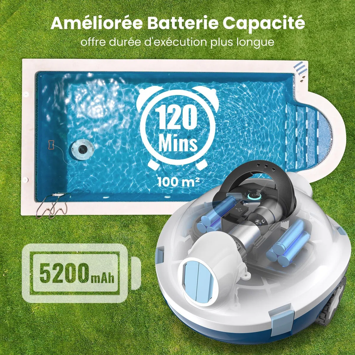 MEDOXA Robot Nettoyeur de Piscine sans Fil, aspirateur de Piscine Automatique, 120 Minutes d'autonomie, Auto-stationnement, Robot Piscine pour Fonds Plats Hors-Sol ou enterrés jusqu'à 100 m²（Blanc）