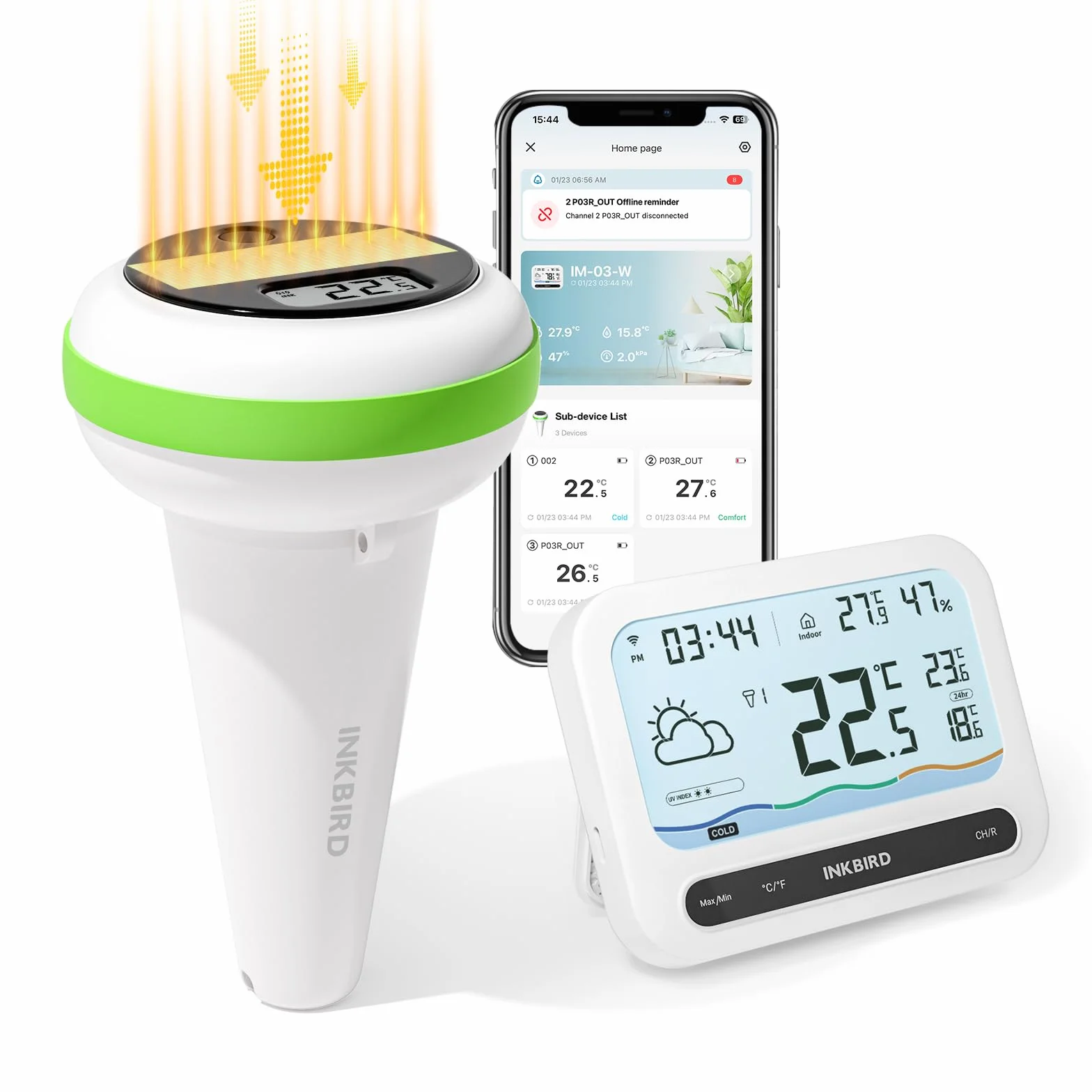 Inkbird Thermomètre Piscine WiFi Solaire Combinaison, Moniteur Intérieur Multifonctionnel avec Info Météo, Contrôle App, Alarme Intelligente