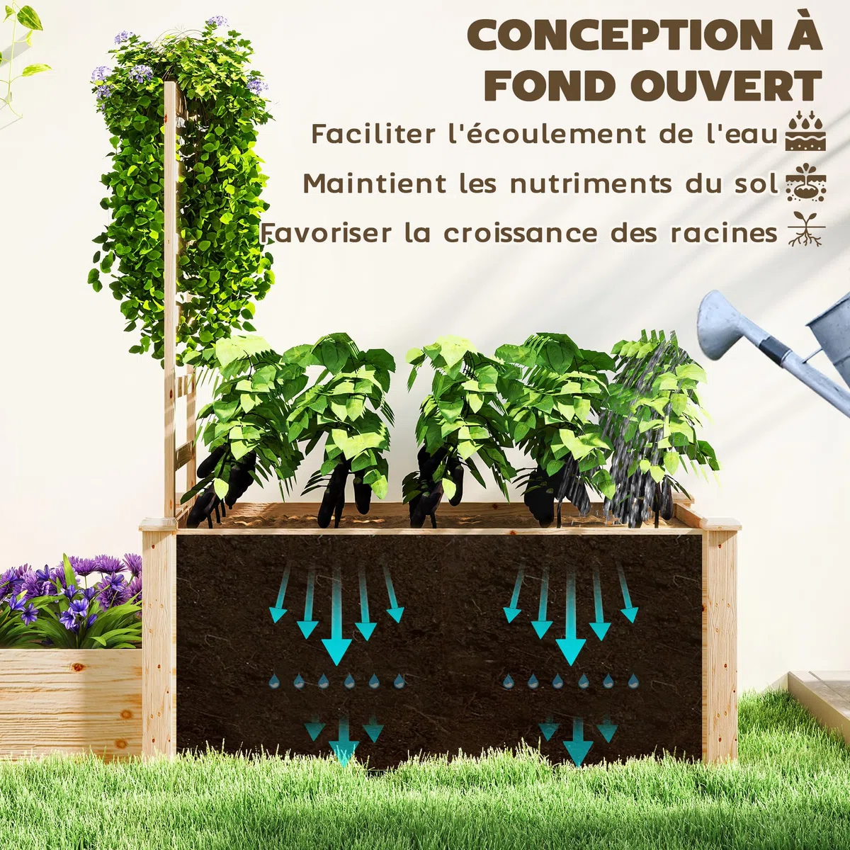 Outsunny Jardinière avec Treillis, lit surélevé de Jardin, jardinière extérieure à 2 bacs avec Fond Ouvert, bac à Fleurs en Bois pour Balcon terrasse Patio, 222 x 63 x 132 cm, Effet Bois Naturel