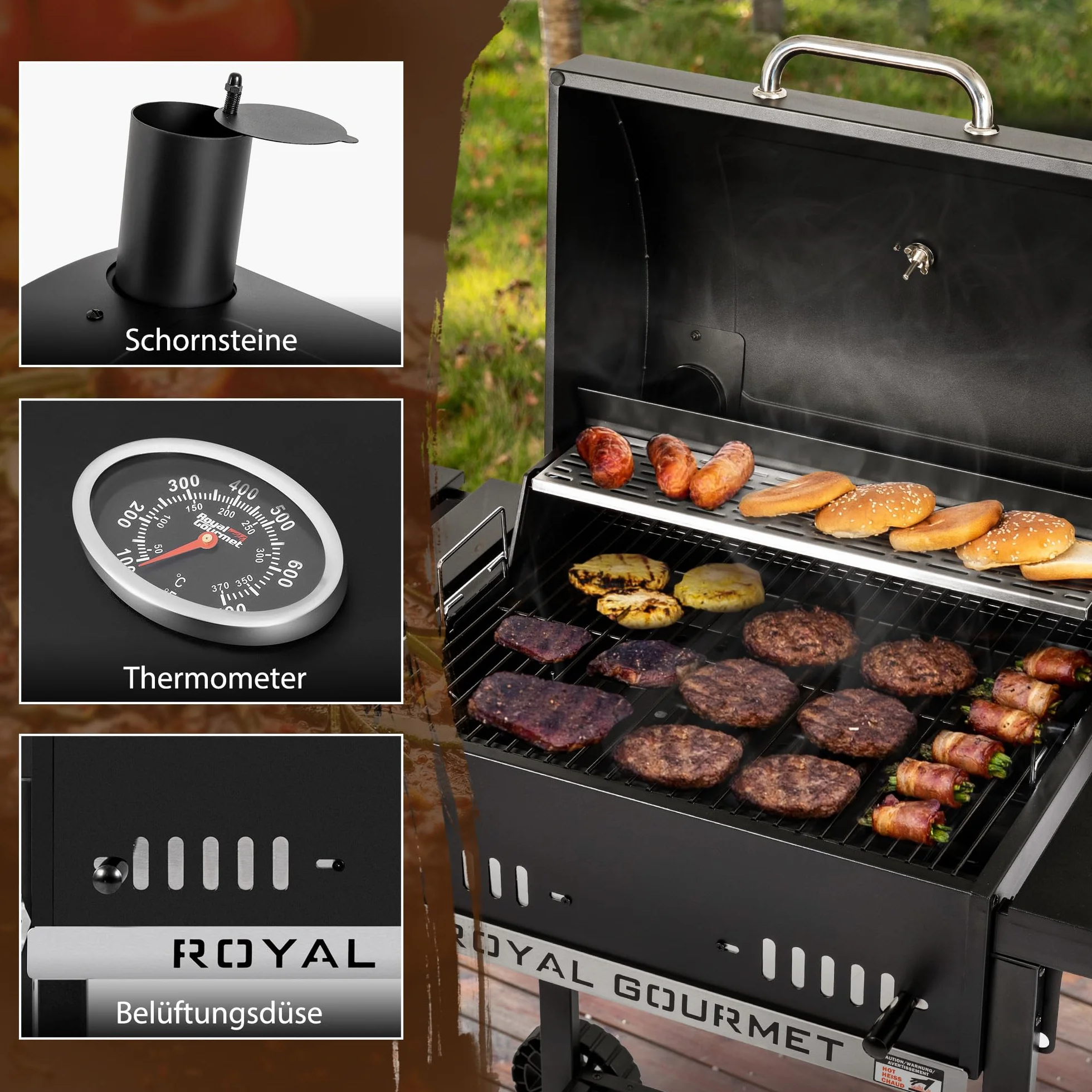 Royal Gourmet Barbecue au charbon de bois avec étagères latérales rabattables, fumoir sur pied avec décekl, thermomètre, barbecue à charbon noir